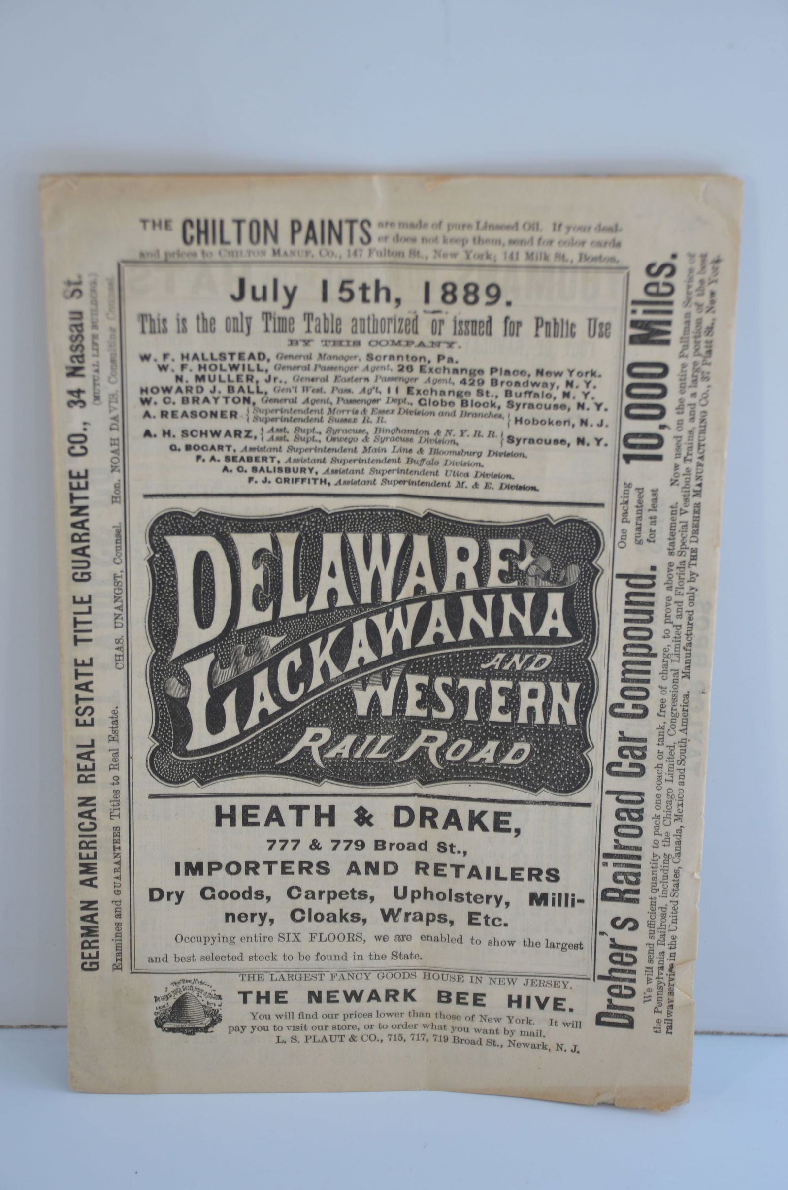 Delaware Lackawanna and Western RR July 15, 1889 Public Timetable (1 of 3)