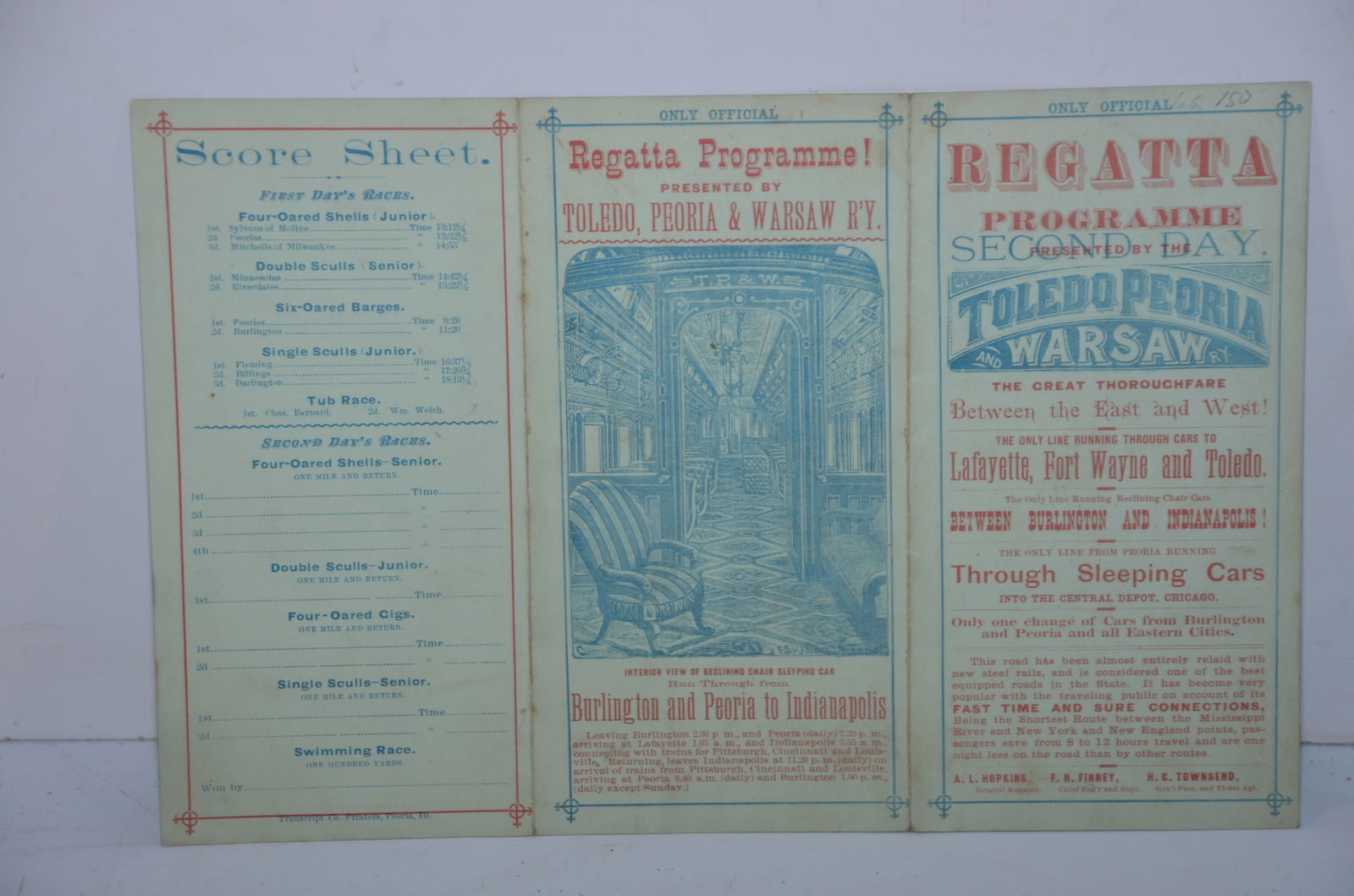 Toledo Peoria and Warsaw RR June 20, 1878 Timetable and Regatta Program (1 of 2)