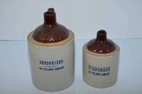 Half-Gallon and Quart Sized Pullman Deoderizer Stoneware Jugs: This is a half-gallon and quart sized stoneware jug marked DEODERIZER THE PULLMAN COMPANY. These contained deoderizer used in cleaning passenger cars. The quart-sized jug is very rare and nearly impos