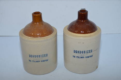 Two Half-Gallon Pullman Deoderizer Stoneware Jugs: This is a pair of half-gallon stoneware jugs marked DEODERIZER THE PULLMAN COMPANY. These contained deoderizer used in cleaning passenger cars. Different shades of glazing on each jug. Nice original c