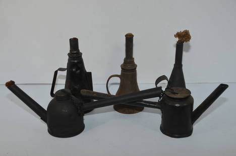 Five Different Railroad Torch Pot Lanterns-CBQ/CN/DLW/DAYTON: This is a lot of five different torch pot lanterns used by railroads. There is one from the Chicago Burlington and Quincy; the Canadian National, and the Delaware Lackawanna and Western. One is from t