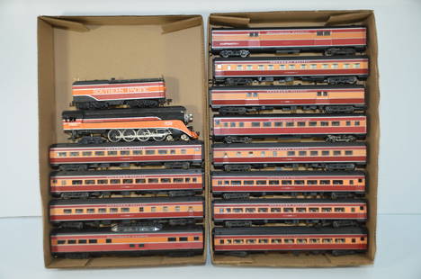 Southern Pacific RR Daylight Steam Loco and Passenger Car Set-Rivarossi-HO Scale: This is a Southern Pacific Railroad Daylight steam locomotive and passenger car set, made by Rivarossi, in HO scale. There are 14 total pieces. This set was in a display case at the home of the