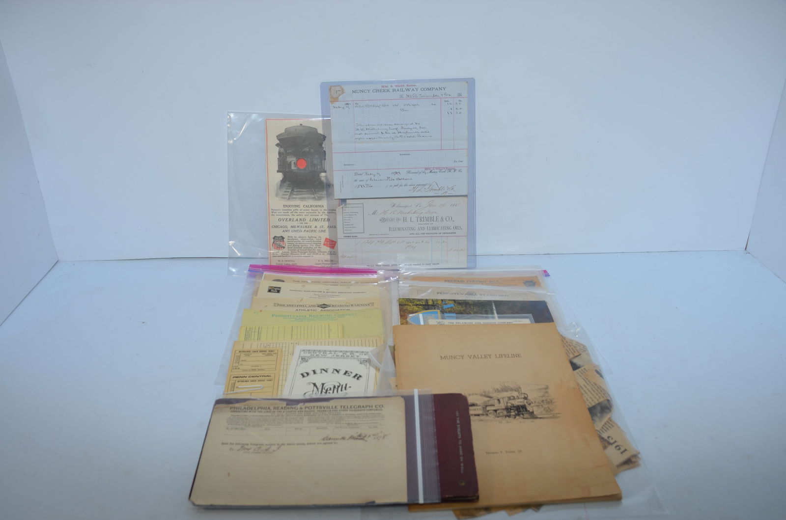 Large Lot of Railroad Paper: This is a large lot of railroad paper, which includes things like telegrams, forms, postcards, handbooks, letters, bills of lading, tickets, freight bills, and other items from railroads like the Munc