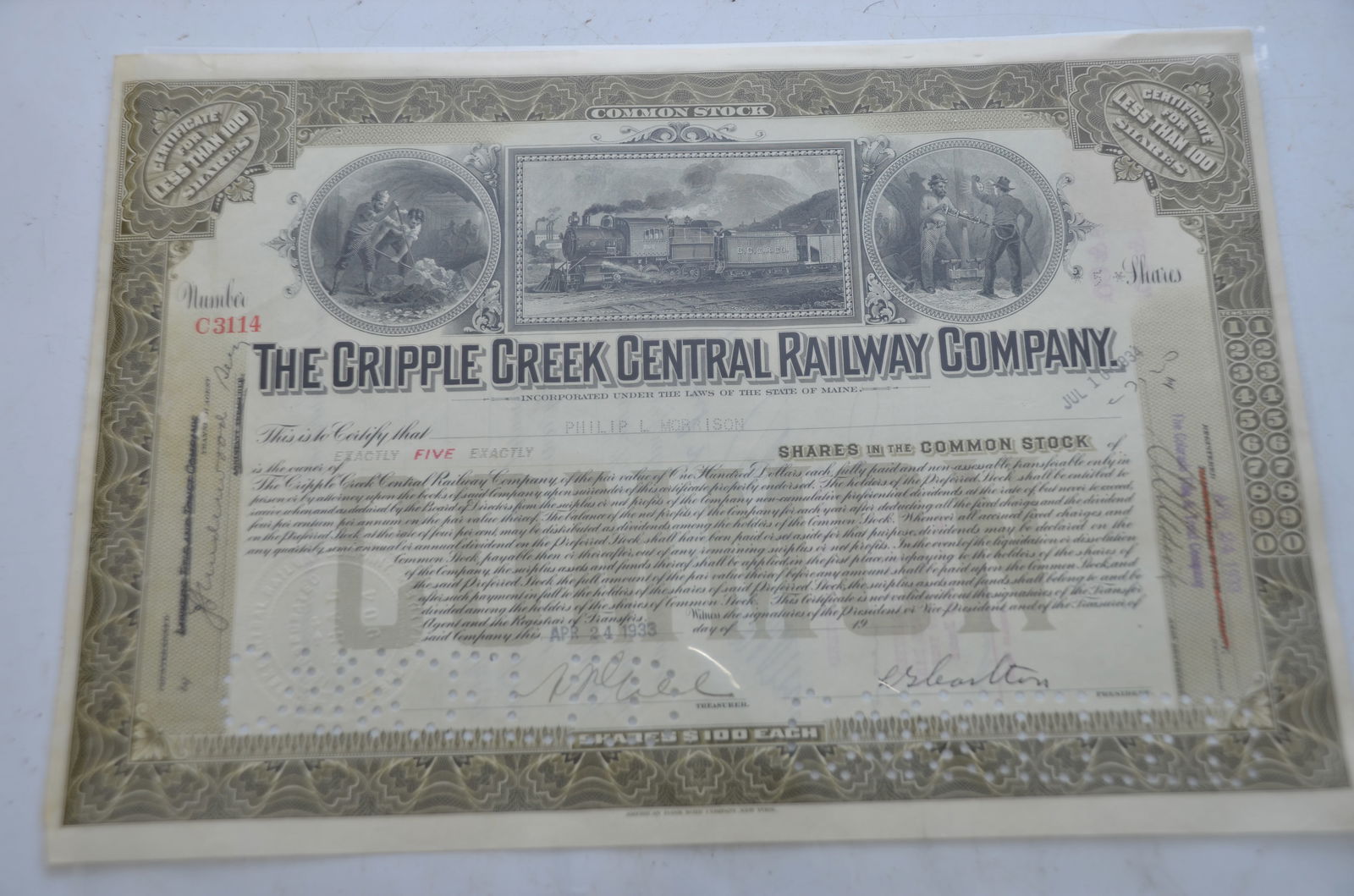 Cripple Creek Central RY Company Stock Certificate-1933 (1 of 2)