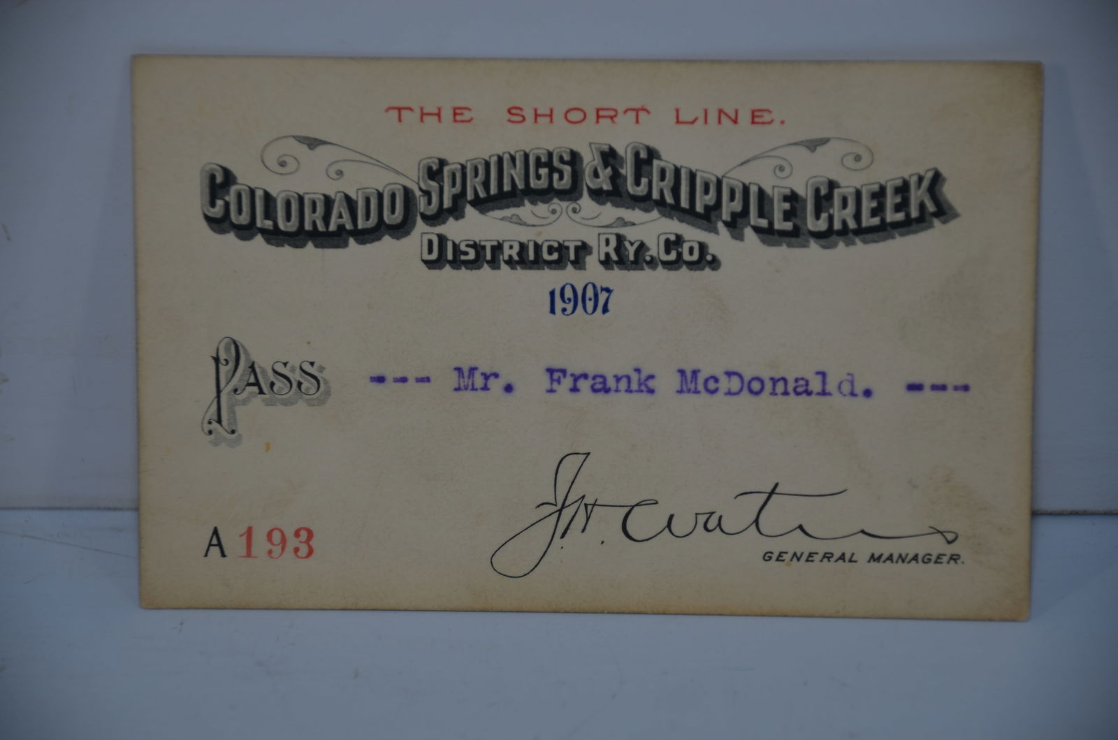 Colorado Springs and Cripple Creek District RY 1907 Pass (1 of 2)