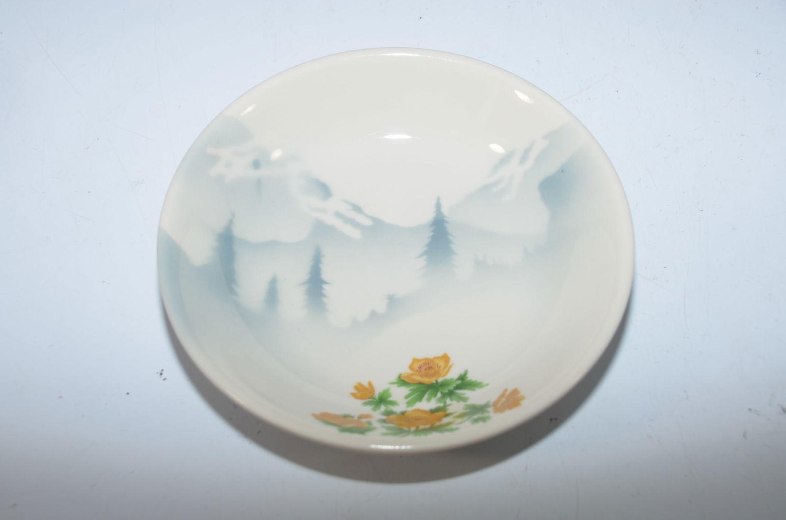Great Northern RY Mountains and Flowers Pattern Soup Bowl: This is a Great Northern Railway MOUNTAINS AND FLOWERS pattern soup bowl. Measures 7.25 inches in diameter. Nice original condition with no chips or cracks. Backstamped SYRACUSE CHINA and GREAT NORTHE