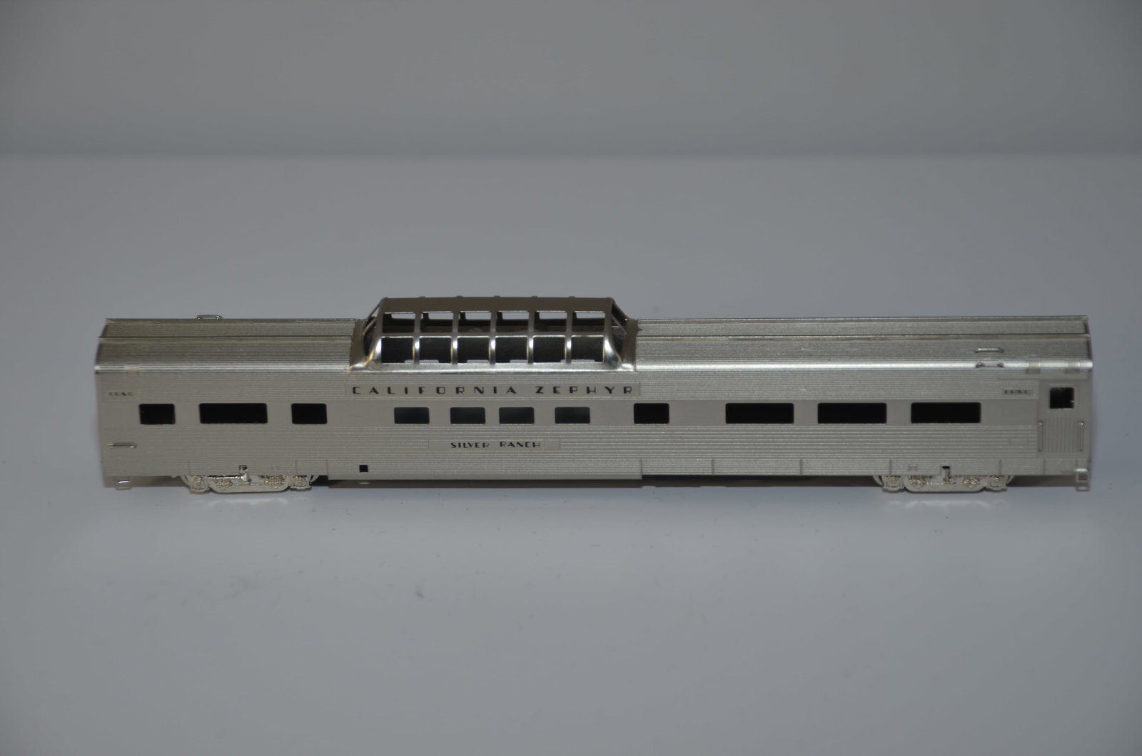 California Zephyr Dome Coach SILVER RANCH-Oriental Ltd Brass Models-N Scale: This is a California Zephyr dome coach SILVER RANCH #4719, in N scale. New in the original box. Made by KMT in Japan and distributed by Oriental Limited Brass Models.