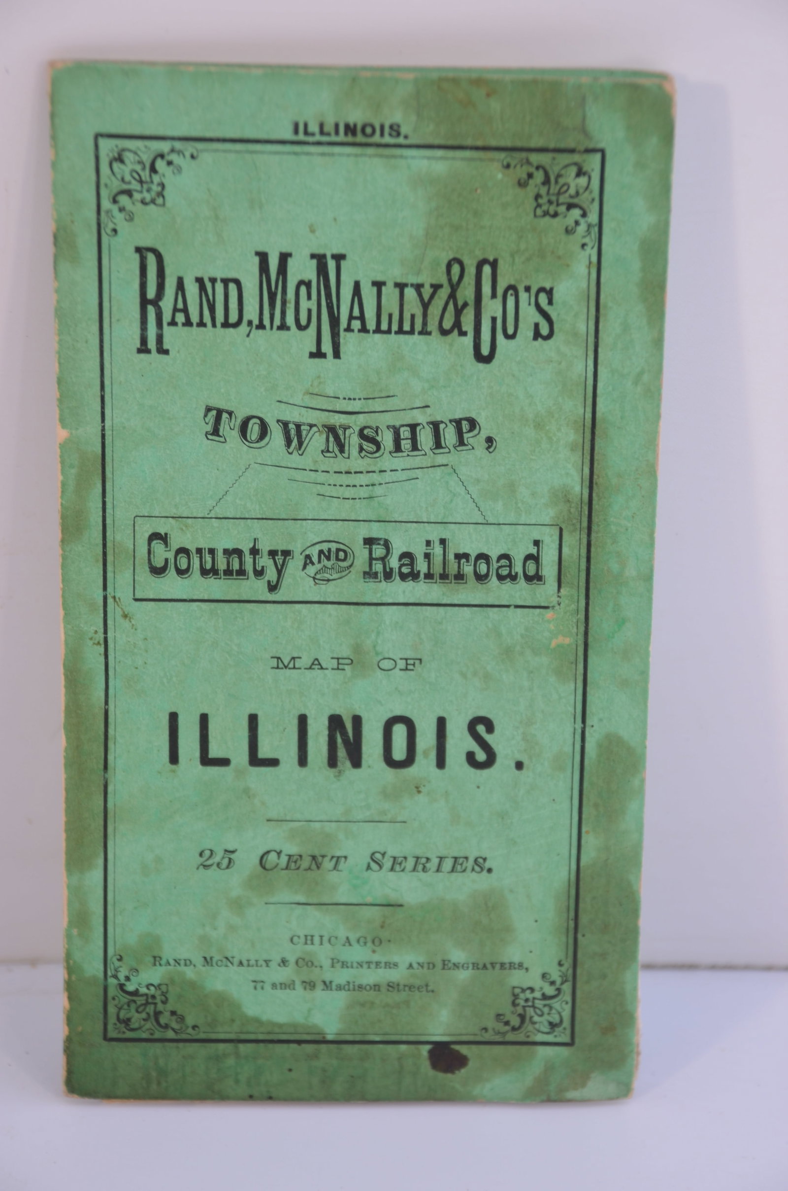 1879 Rand McNally Township County and Railroad Map of Illinois: This is a Rand McNally Township, County and Railroad Map of Illinois dated 1879. Has a multi-panel, fold-out map in full color, highlighting the counties, major cities, and full state of Illinois, alo