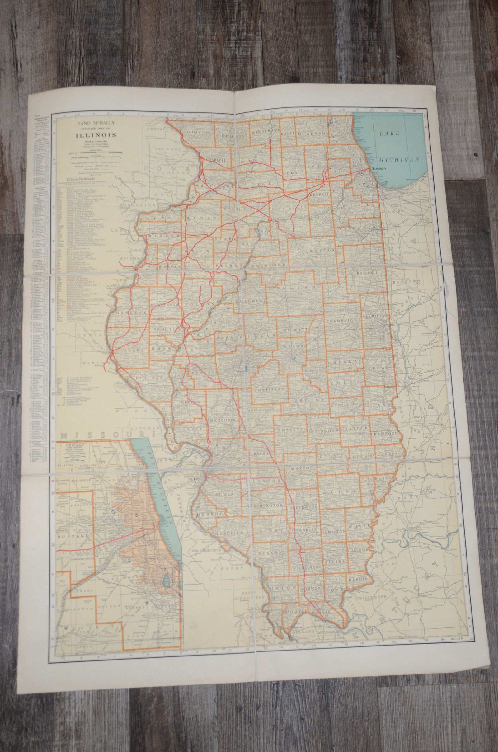 1940 Rand McNally Illinois Railroad Map: This is a 1940 Rand McNally Illinois railroad map, printed in color, paper on linen. It is a six section, folding map, that is in fine used condition, with no tears or frays.