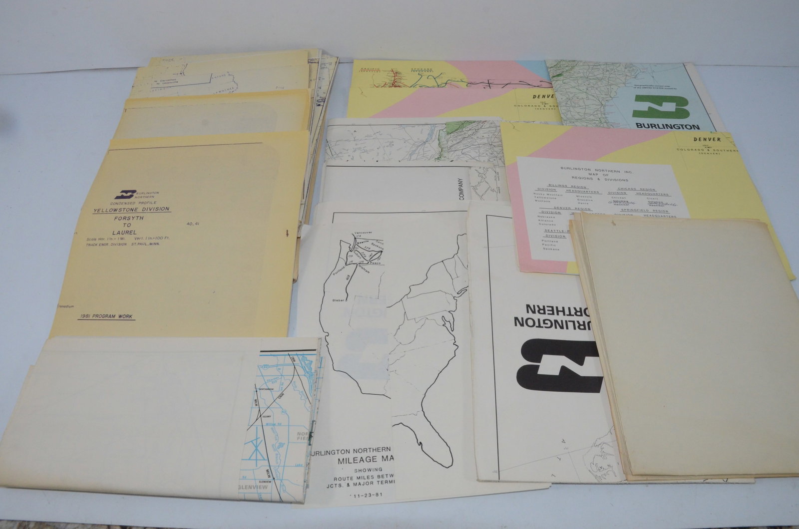 Burlington Northern RR Maps and Condensed Profiles: This is a lot of 10 maps issued by the Burlington Northern Railroad, as well as a over a dozen index maps of the railroad. These are condensed profiles of the Seattle Portland Region, Denver Region, C