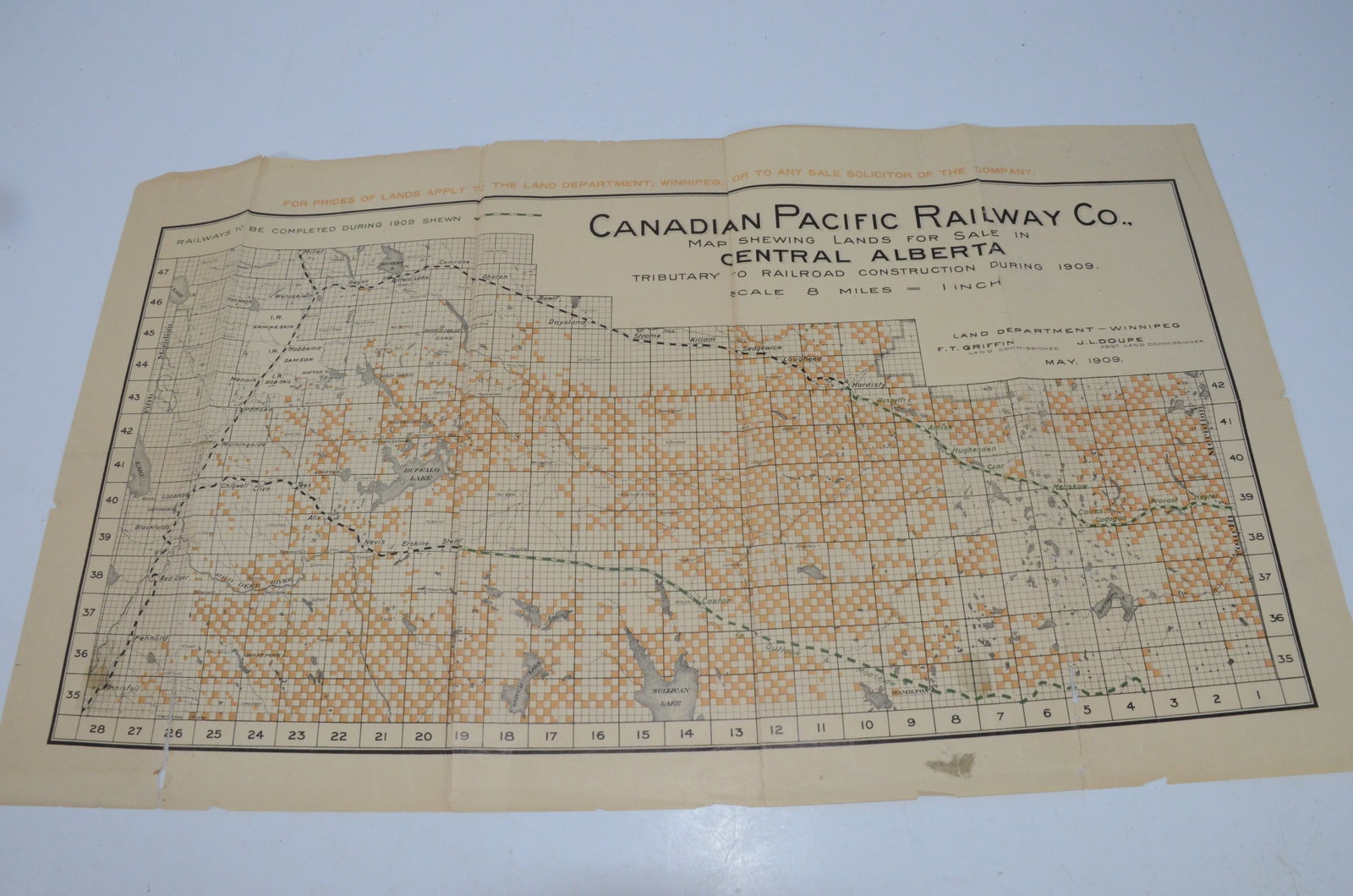 Canadian Pacific RY 1909 Map of Lands For Sale in Central Alberta: This is a Canadian Pacific Railway 1909 Map of Lands For Sale in Central Alberta. The map shows the existing and planned CP routes, as well as plots available in yellow. Measures 24 inches by 14 inche