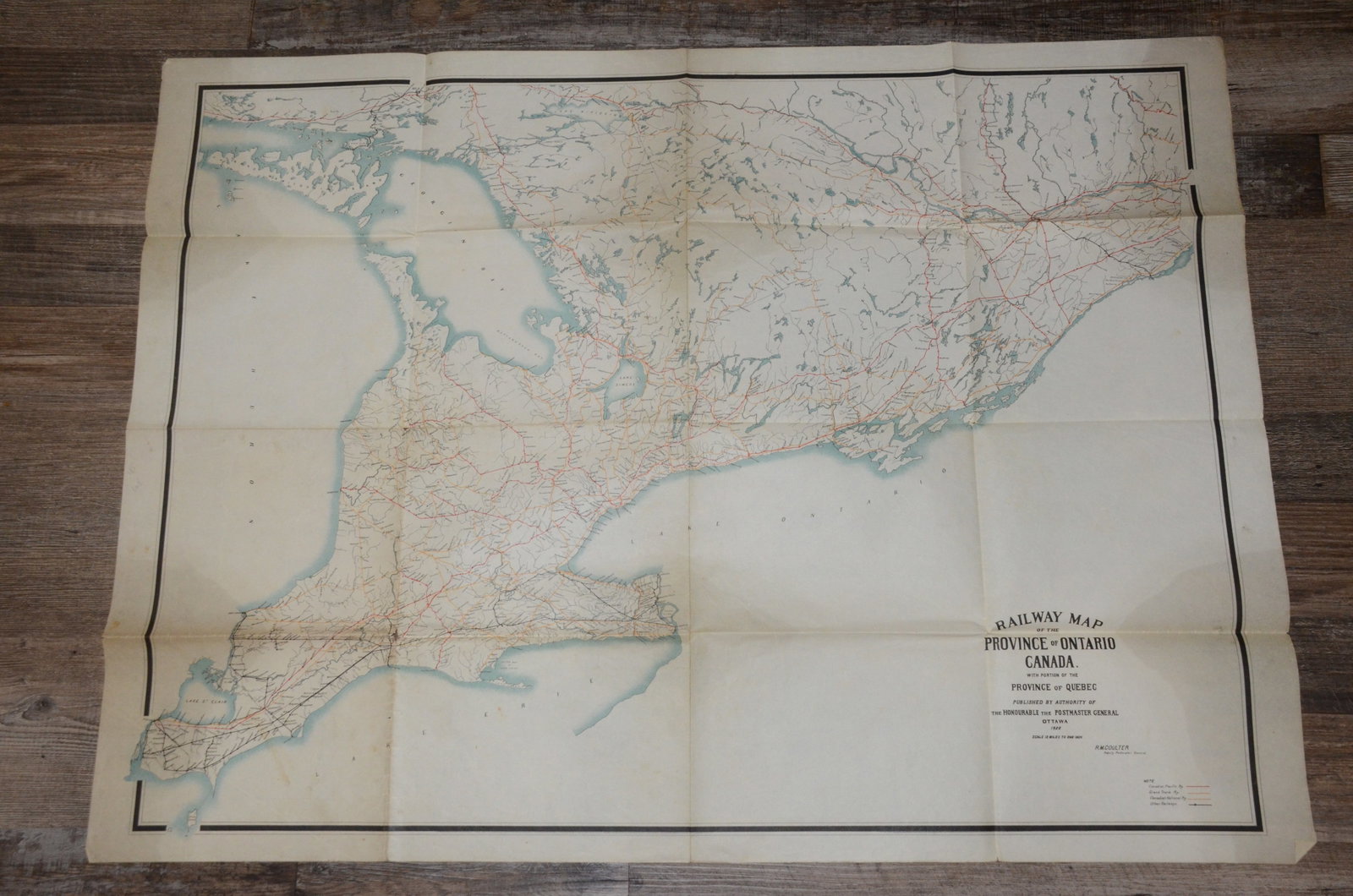 Railroad Map of Quebec, Canada-1920: This is a railroad map of Quebec, Canada, dated 1920. Printed in color, it measures 40 inches by 20 inches, and shows the three railroads in the province at the time, Canadian National, Canadian Pacif