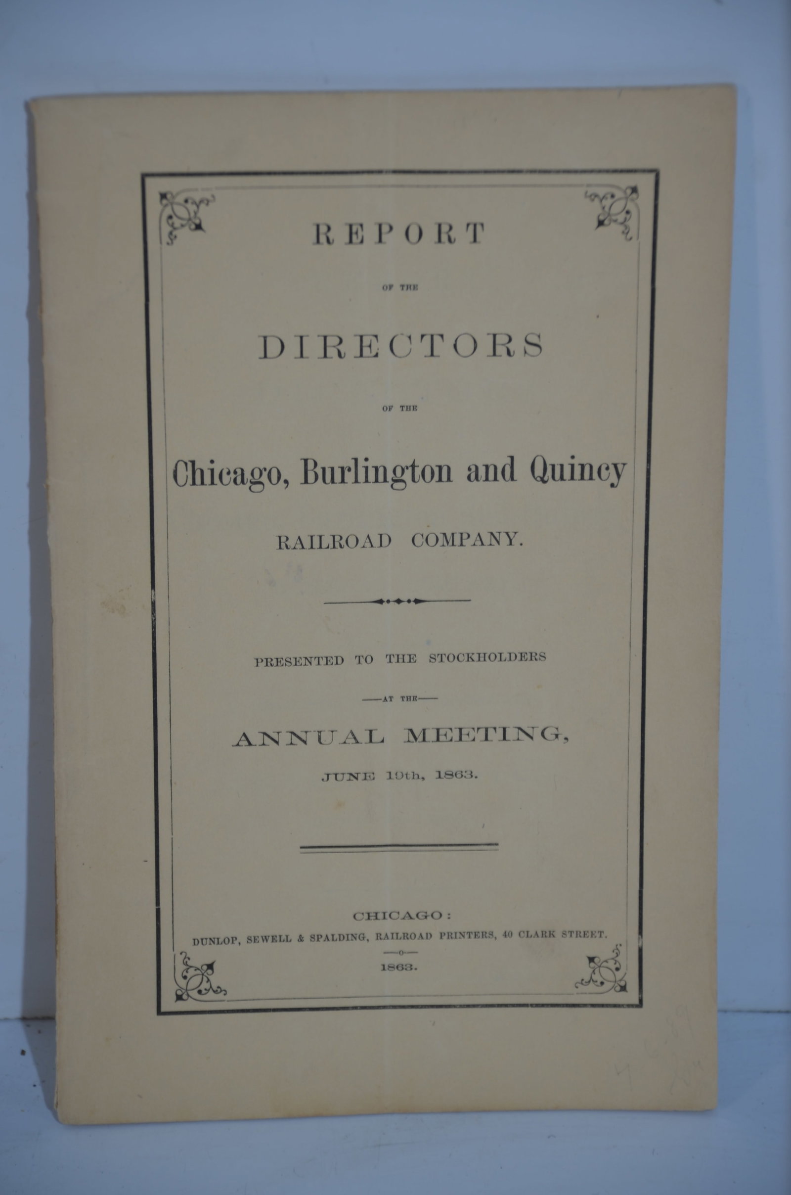 Chicago Burlington and Quincy RR 7th Annual Report-June 19, 1863: This is a Chicago Burlington and Quincy Railroad 7th annual report, dated June 19, 1863. Several Chicagoland area railroads were renamed as the CBQ in 1856. Has 44 total pages, and has a very early tw