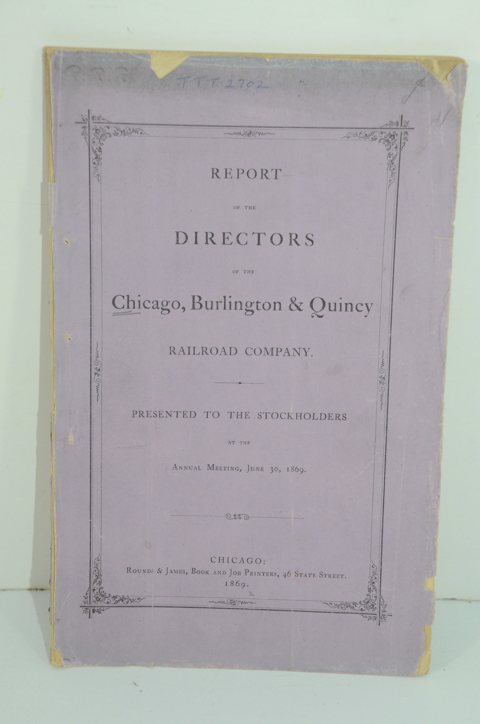 Chicago Burlington and Quincy RR 1869 16th Annual Report: This is a Chicago Burlington and Quincy Railroad 1869 16th annual report. Has 54 total pages. The front cover is loose, but present. Contains a report of the condition and use of all 139 locomotives o