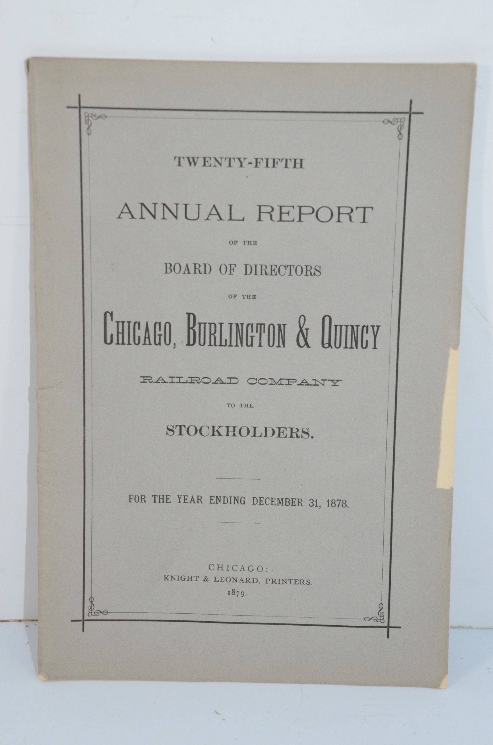 Chicago Burlington and Quincy RR 1878 25th Annual Report: This is a Chicago Burlington and Quincy Railroad 1878 25th annual report. Has 41 total pages. Some tears/frays on the cover, but the book is in nice condition.