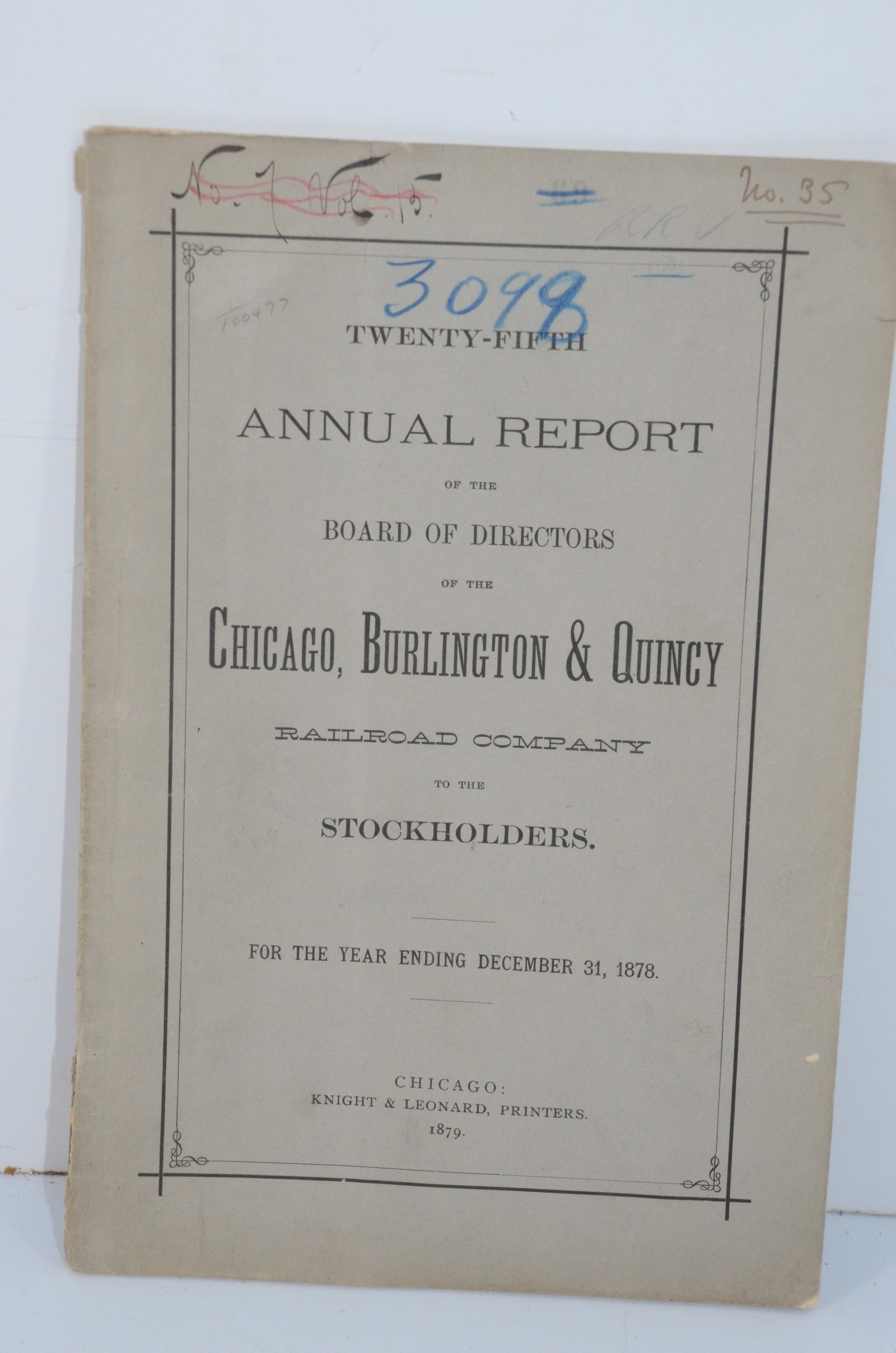 Chicago Burlington and Quincy RR 1878 25th Annual Report: This is a Chicago Burlington and Quincy Railroad 1878 25th annual report. Has 41 total pages. Some tears/frays on the cover, along with some handwritten notes, but the book is in nice condition.