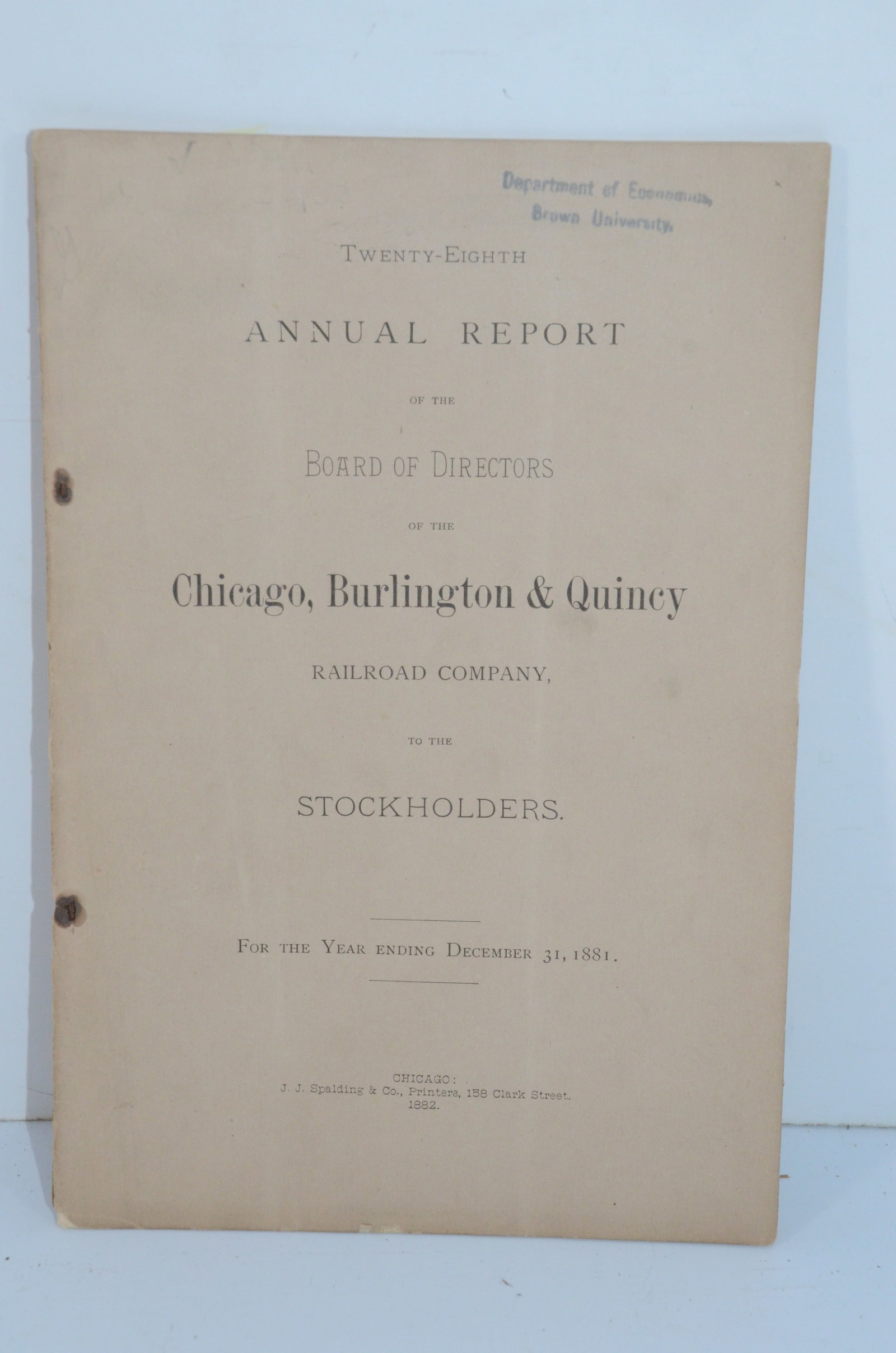 Chicago Burlington and Quincy RR 1881 28th Annual Report: This is a Chicago Burlington and Quincy Railroad 1881 28th annual report. Has 33 total pages and is in nice used condition with no tears or frays.