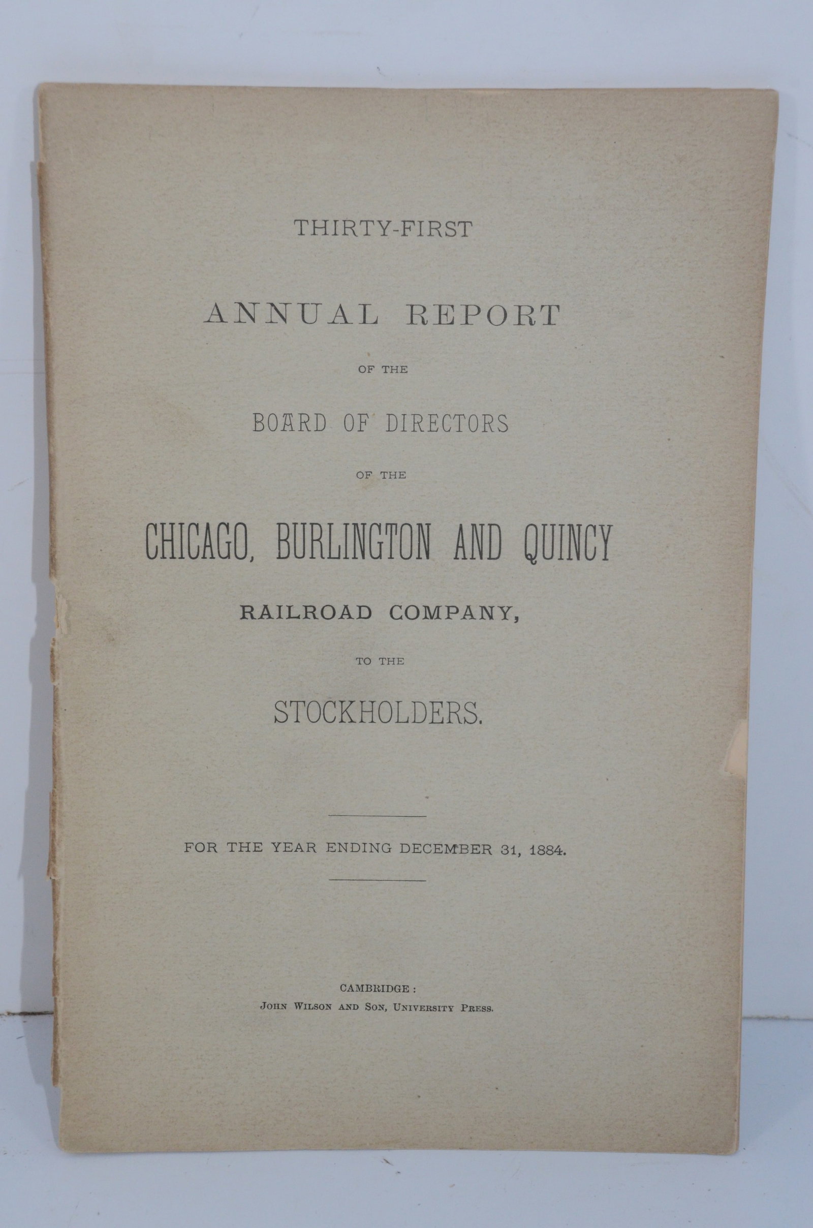 Chicago Burlington and Quincy RR 1884 31th Annual Report: This is a Chicago Burlington and Quincy Railroad 1884 31st annual report. Has 39 total pages and is in nice used condition. Has a few minor tears/frays on the cover.