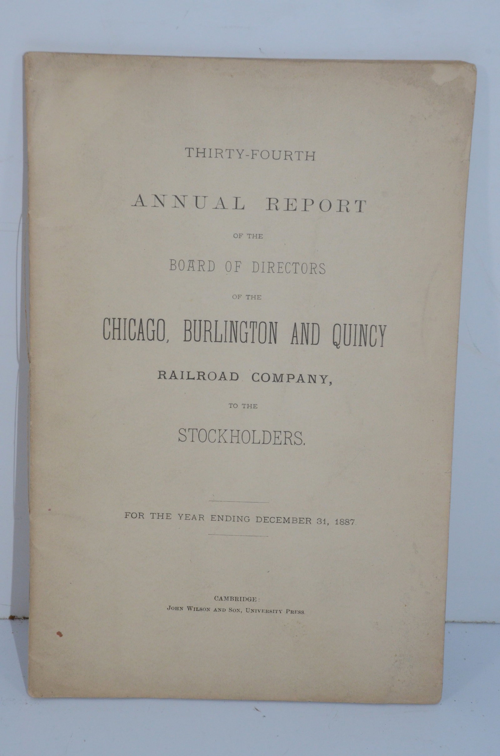 Chicago Burlington and Quincy RR 1887 34th Annual Report: This is a Chicago Burlington and Quincy Railroad 1887 34th annual report. Has 43 total pages and is in nice used condition. Has a few minor tears/frays on the cover.