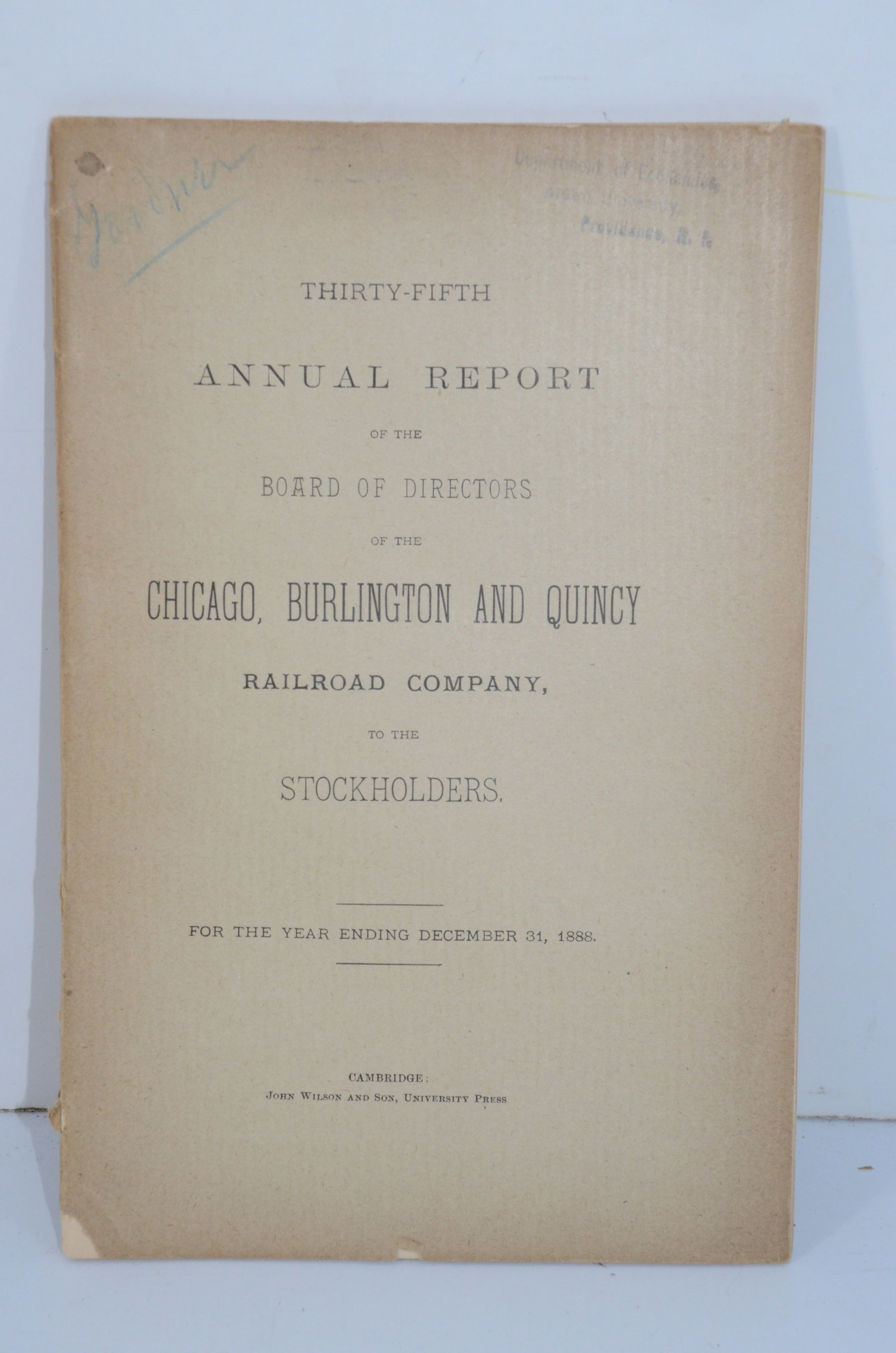 Chicago Burlington and Quincy RR 1888 35th Annual Report: This is a Chicago Burlington and Quincy Railroad 1888 35th annual report. Has 45 total pages and is in nice used condition. Has a few minor tears/frays on the cover, and some writing.