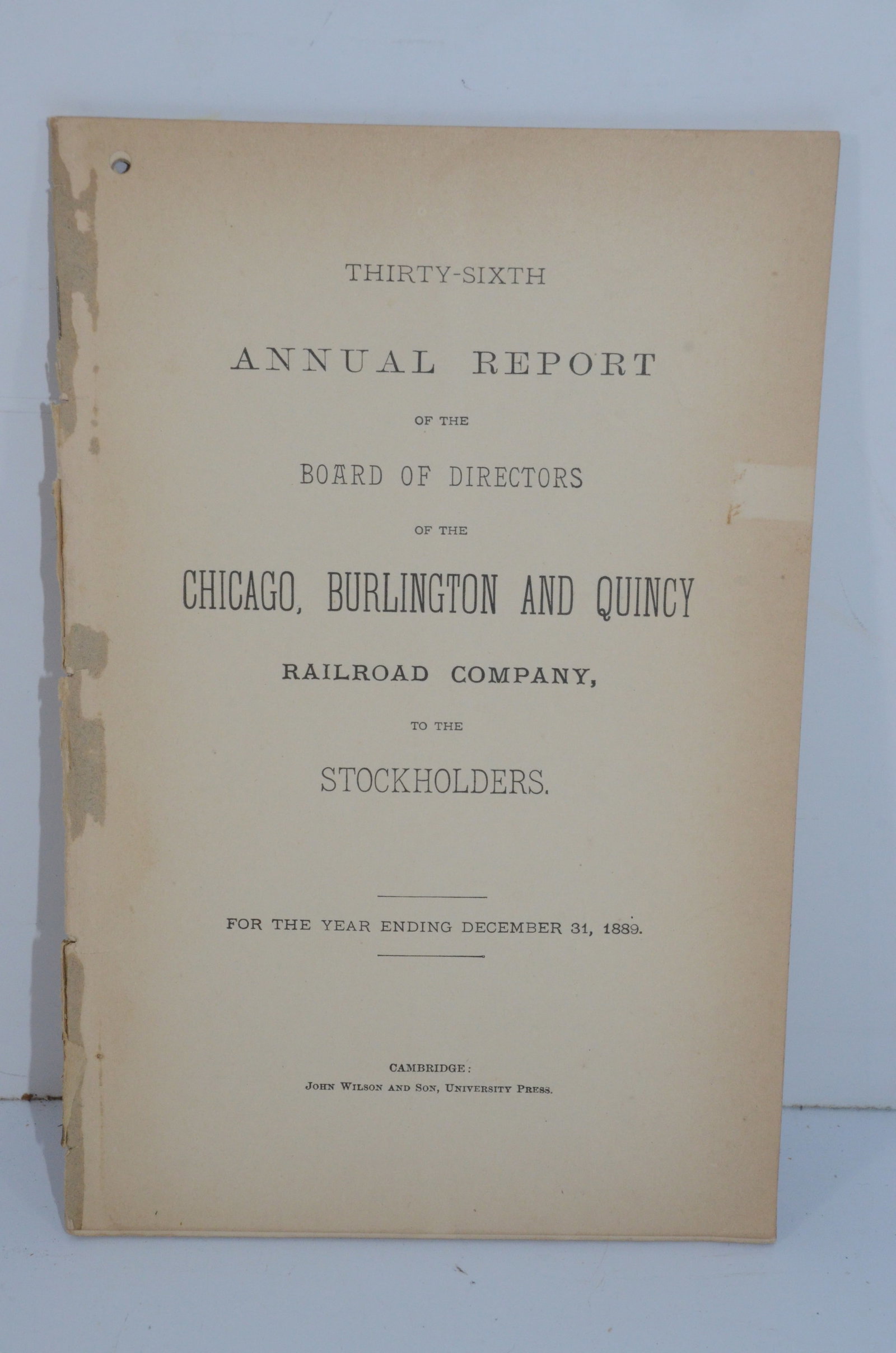 Chicago Burlington and Quincy RR 1889 36th Annual Report: This is a Chicago Burlington and Quincy Railroad 1889 36th annual report. Has 37 total pages. Is missing its cover, but all of the detail pages are in fine used condition with no tears or frays.