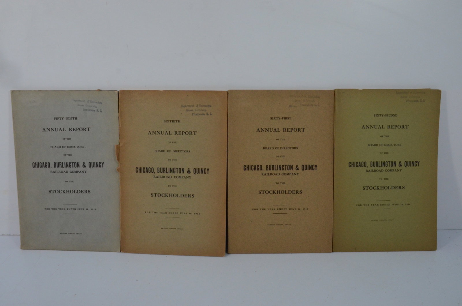 Chicago Burlington and Quincy RR 1913/14/15/16 Annual Reports: This is a lot of 4 Chicago Burlington and Quincy Railroad annual reports, dating 1913. 1914. 1915, and 1916. Come with color route maps. Nice used condition with minor tears or frays