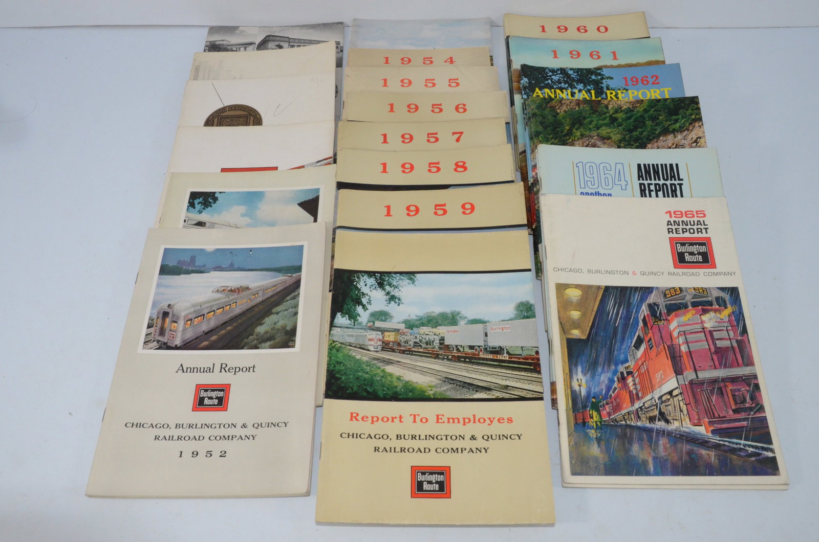Chicago Burlington and Quincy RR Annual Reports 1947-1965: This is a run of Chicago Burlington and Quincy Railroad annual reports dated 1947-1965. There are 30 total reports in this lot. All are in fine used condition