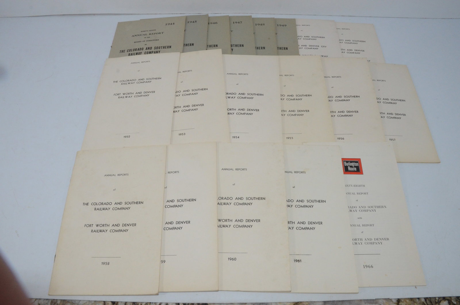 Colorado and Southern RY Annual Reports 1944-1966: This is a run of Colorado and Southern Railway annual reports dated 1944-1966. All dates are included except 1962-1965. There are 19 total reports in this lot. All are in fine used condition. Some of 