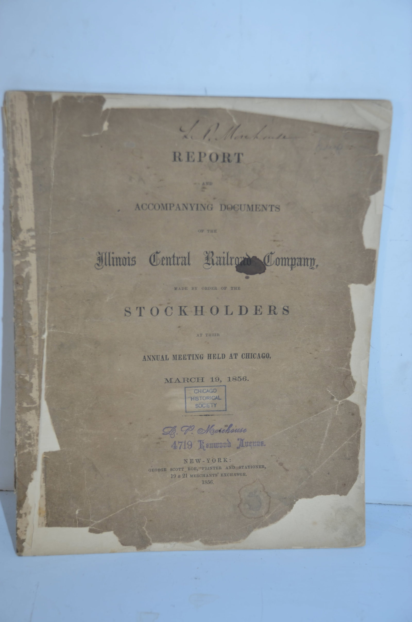 Illinois Central RR 5th Annual Report-March 19, 1856: This is an Illinois Central Railroad 5th annual report dated March 19, 1856. The IC was founded in 1851. This report has 47 pages, along with many attached documents. The front cover is in rough shape