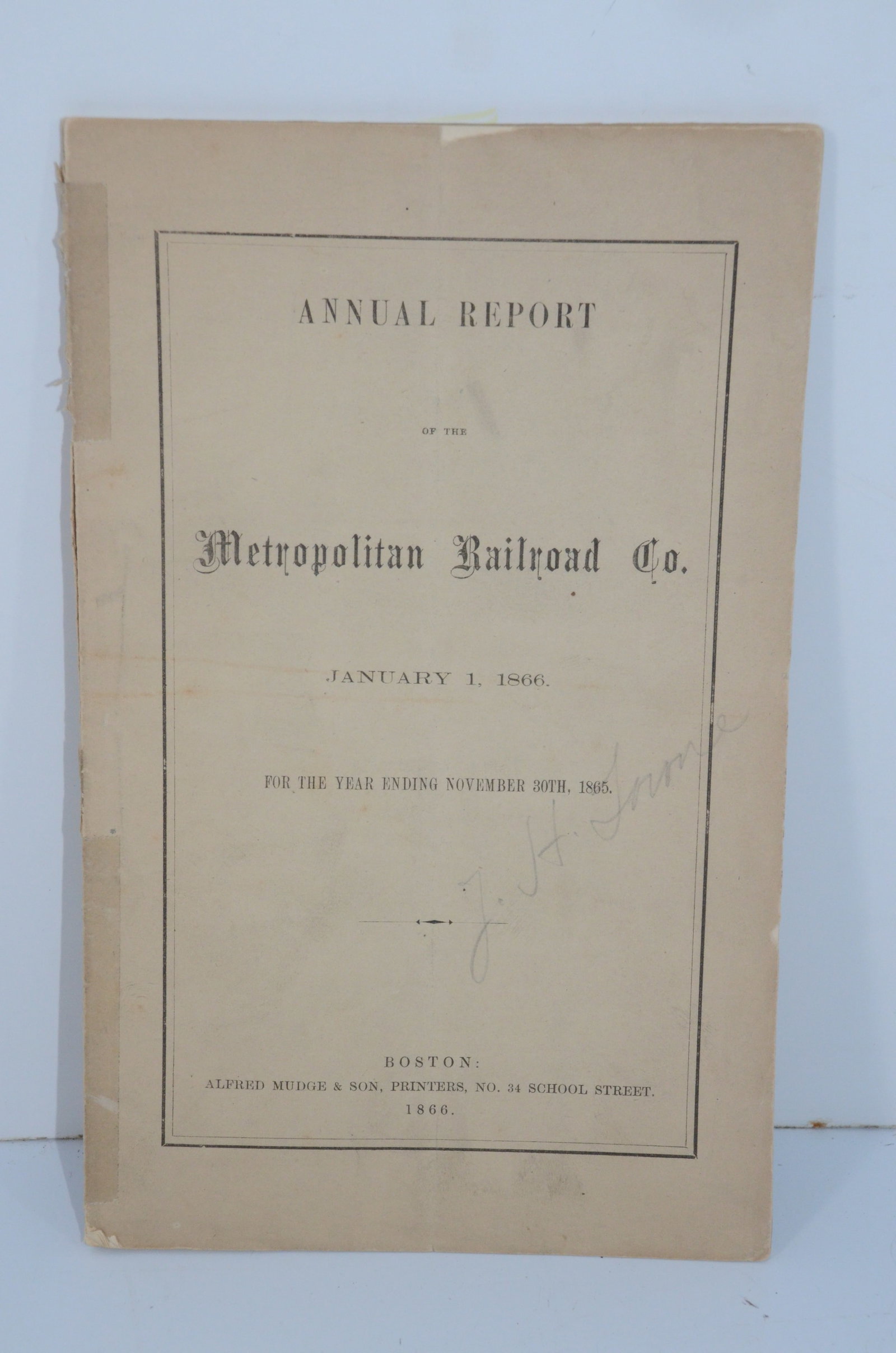 Metropolitan RR of Boston Annual Report for 1865: This is a Metropolitan Railroad of Boston annual report for 1865, dated January 1, 1866. This railroad existed from 1853 to 1887, at which time all of the Boston area streetcar lines united as one. Th
