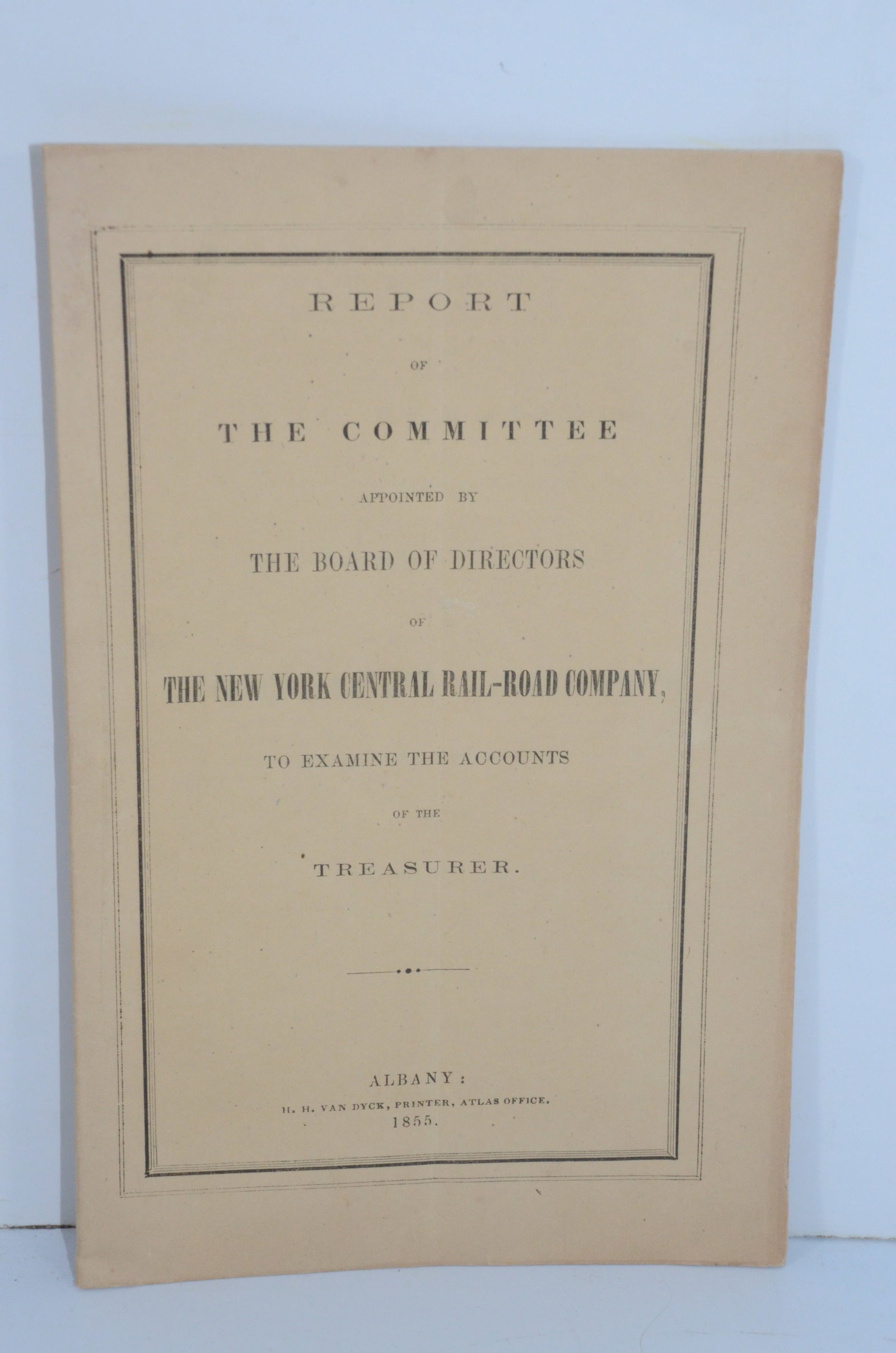 New York Central RR 1855 Report Examining the Accounts of the Treasurer: This is a New York Central Railroad report examining the accounts of the treasurer, dated 1855. Has 26 total pages, and is in fine used condition, with no tears or frays. Amazing for a 169 year old it