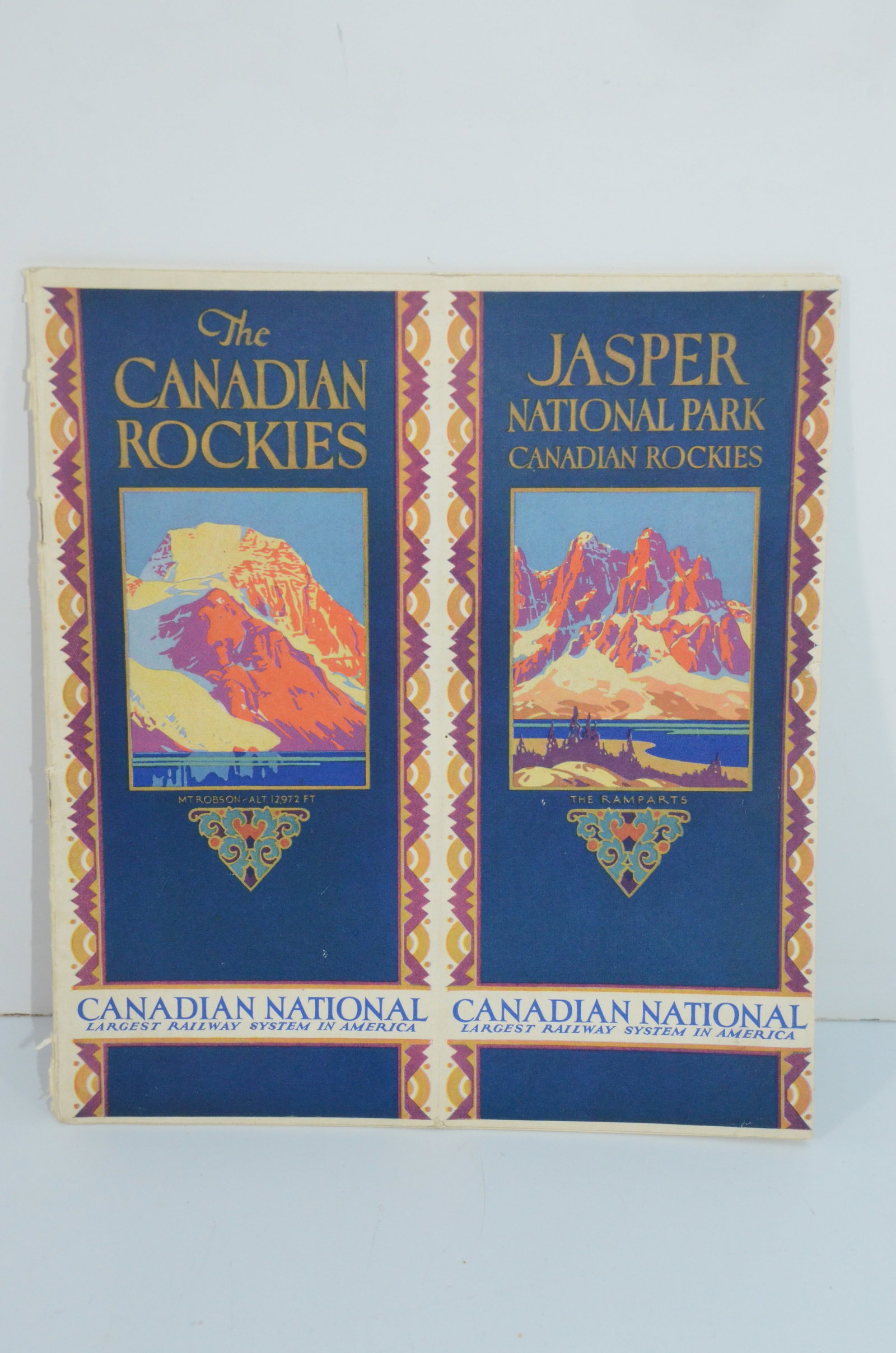 Canadian National RR-1928 Jasper National Park/Canadian Rockies Brochure: This is a Canadian National Railroad 1928 Jasper National Park/Canadian Rockies brochure. Has 24 bi-fold pages, including the cover. Great colored cover artwork, plus scenic photos of sites and cities