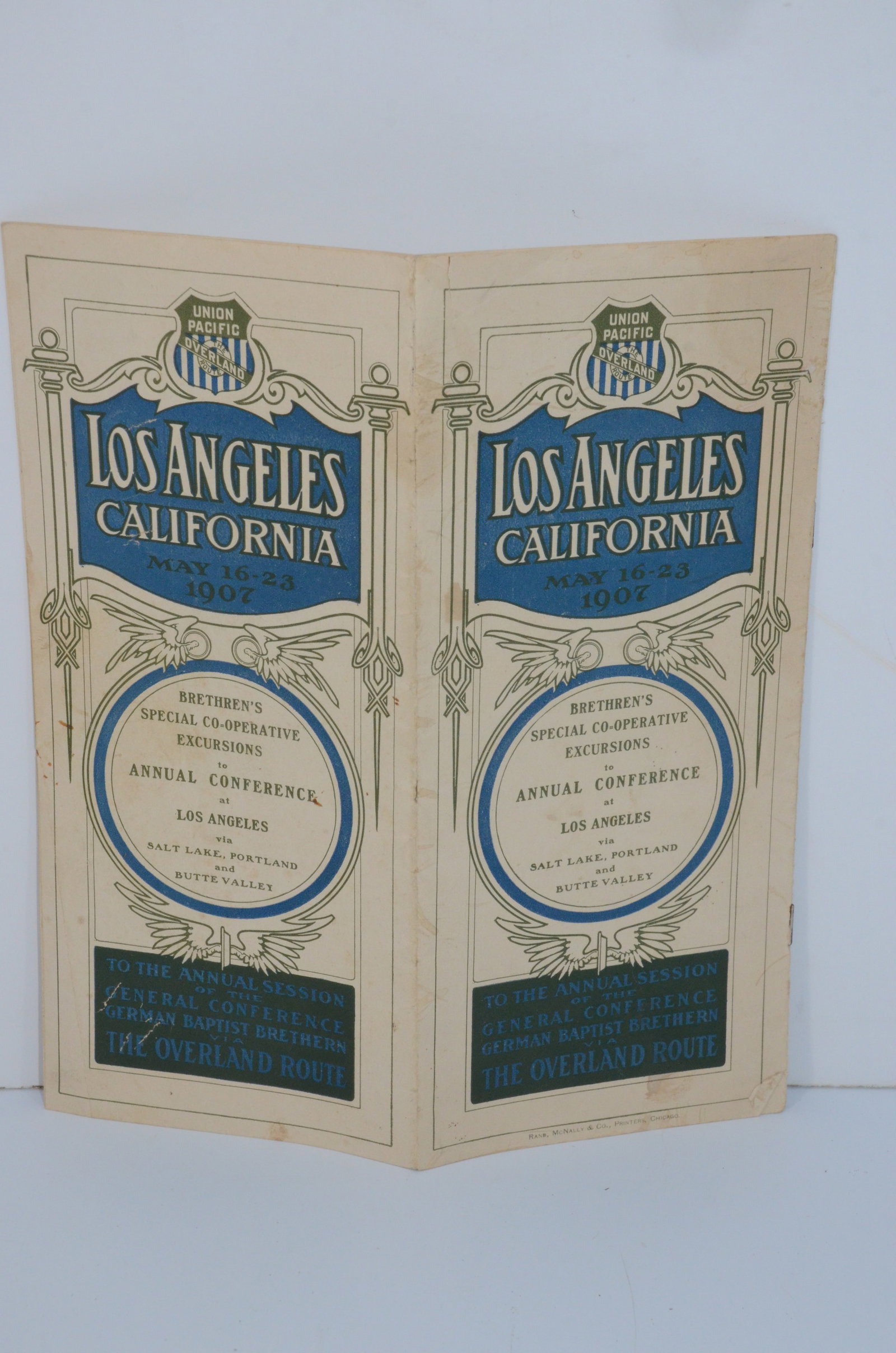 Union Pacific RR-1907 German Baptist Brethren Conference Brochure: This is a Union Pacific Railroad 1907 German Baptist Brethren Conference brochure, which encouraged conference attendees to use the UP on their trip to Los Angeles for the conference. Has 24 total pag
