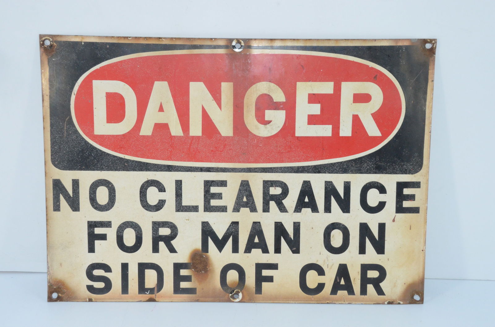 Porcelain NO CLEARANCE FOR MAN ON SIDE OF CAR Sign (1 of 2)