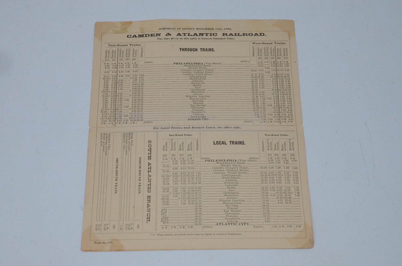 Camden and Atlantic Railroad 12/16/1885 Public Timetable (1 of 2)