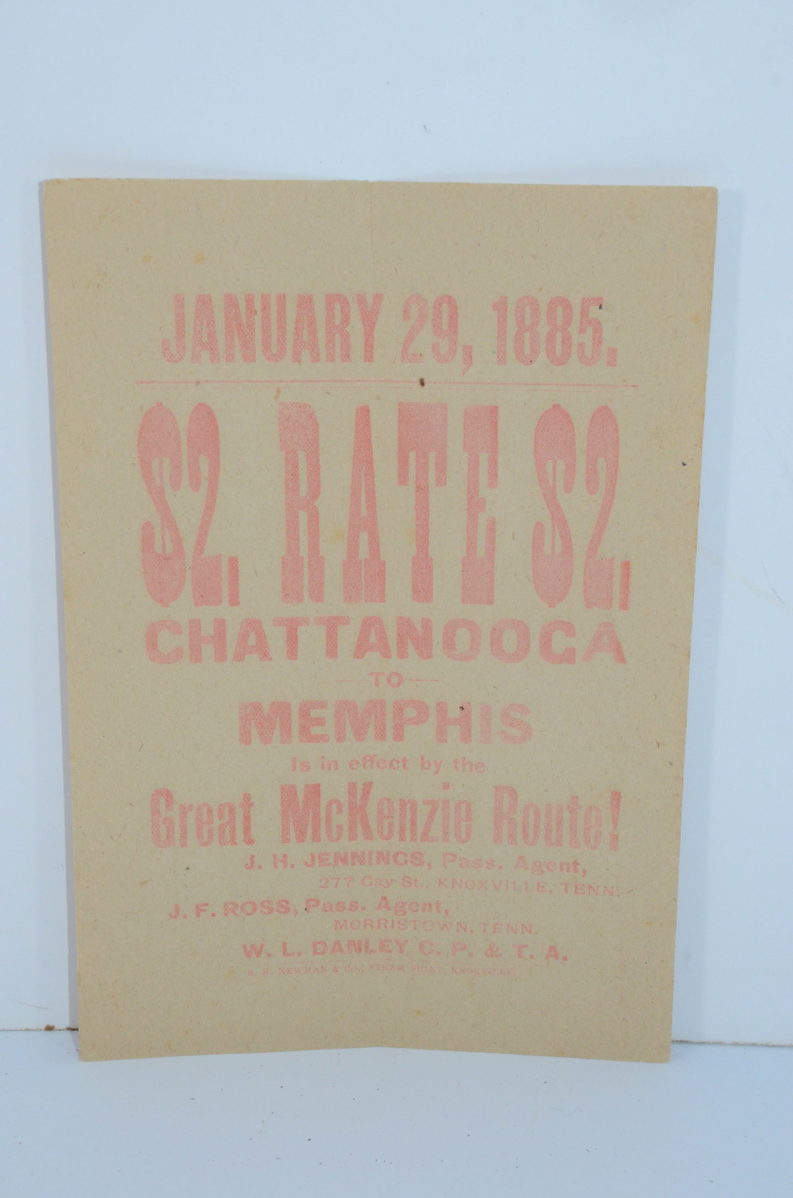 Memphis and Charleston RY January 29, 1885 Special Rate Poster: This is a Memphis and Charleston Railway special rate poster dated January 29, 1885, for a $2 fare between Chattanooga and Memphis, TN. Though the poster does not have the railroad name, we were able 