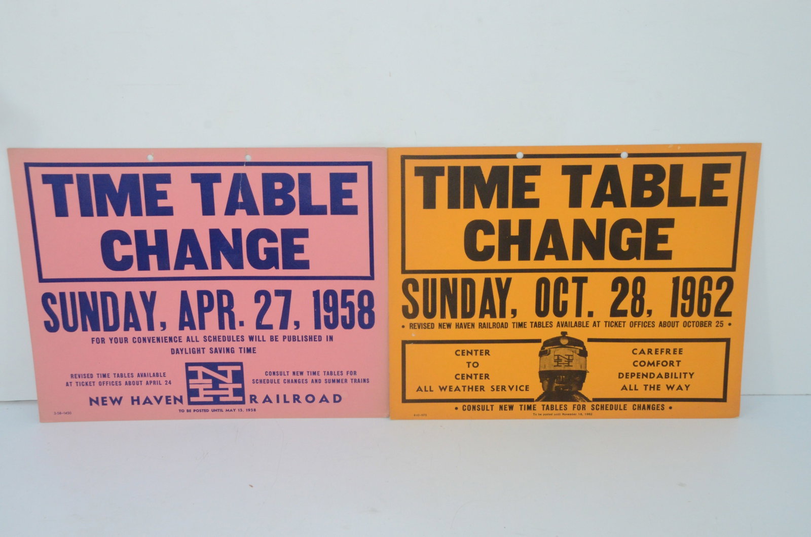 New York New Haven and Hartford RR Timetable Change Placards: This is a pair of New York New Haven and Hartford Railroad timetable change placards. These are from 1958 and 1962, and would be posted in stations to announce to the public that a timetable change wa