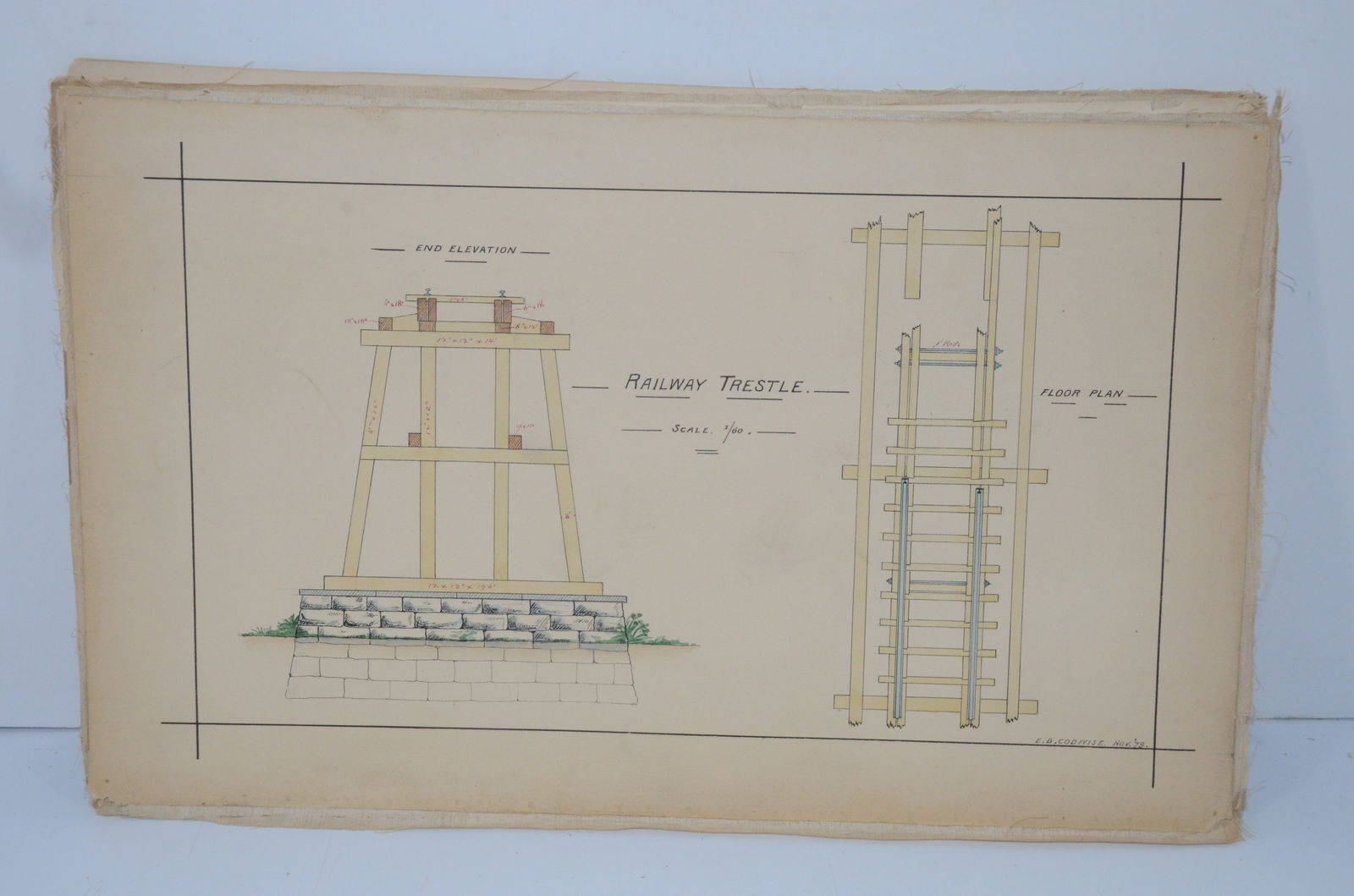 Collection of Color Drawings/Designs for Railroad Structures-November 1879.: This is a collection of 12 designs of railroad structures in wash and printed color, cardstock on linen, that measure about 16 inches by 10 inches each. There are also 2 additional structures designed