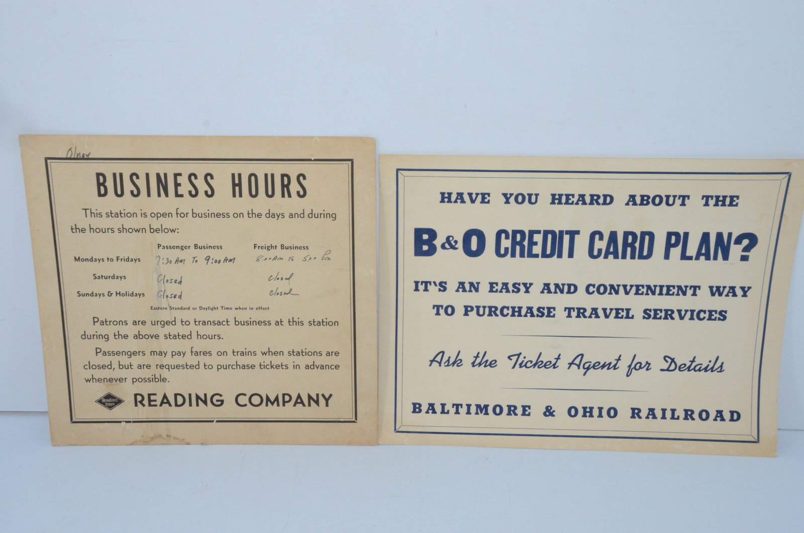 Reading RR and Baltimore & Ohio RR Advertising Placards (1 of 3)