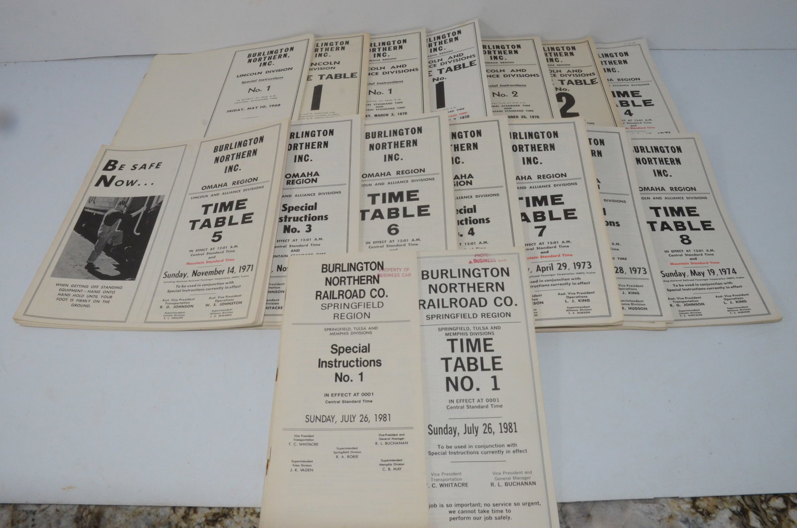 Burlington Northern RR 45 Omaha Region/Springfield Region Employee Timetables: This is a lot of 45 Burlington Northern Railroad employee timetables for the Omaha Region with the Lincoln and Alliance Divisions, and the Springfield Region, which includes the Springfield, Tulsa, an