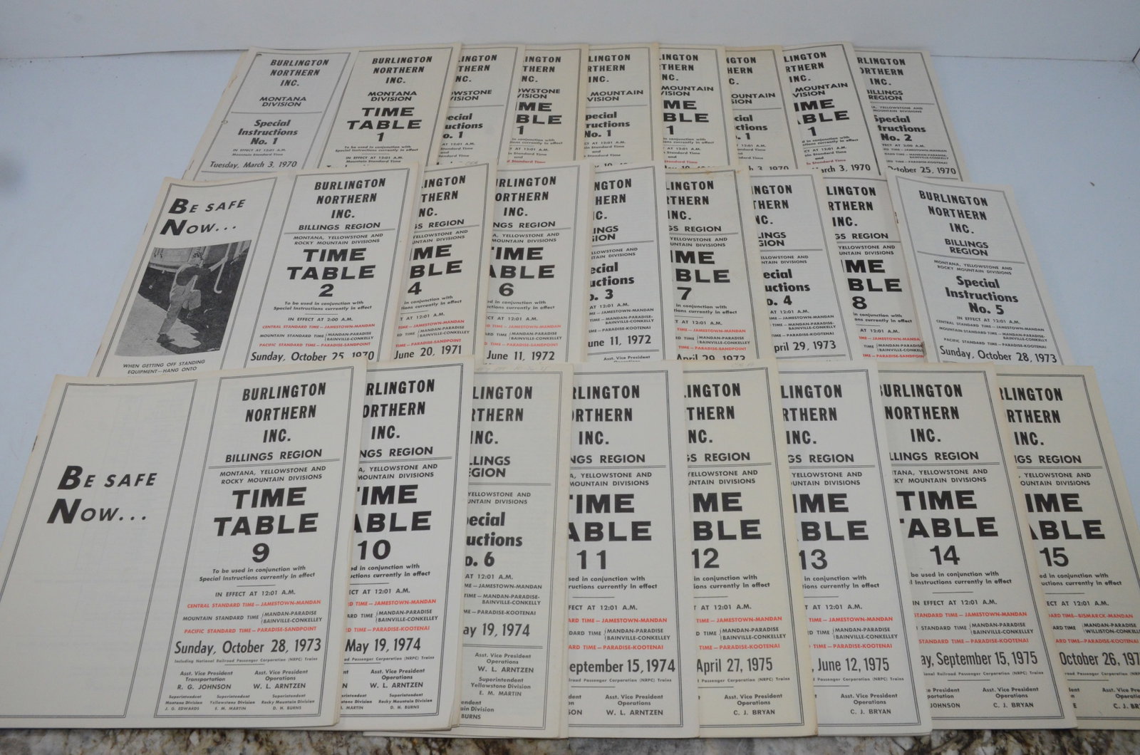 Burlington Northern RR 80 Billings Region and Divisions Employee Timetables: This is a lot of 80 Burlington Northern Railroad employee timetables for the Billings Region and the Montana, Yellowstone, and Rocky Mountain Divisions. They include all of the following: Montana Divi