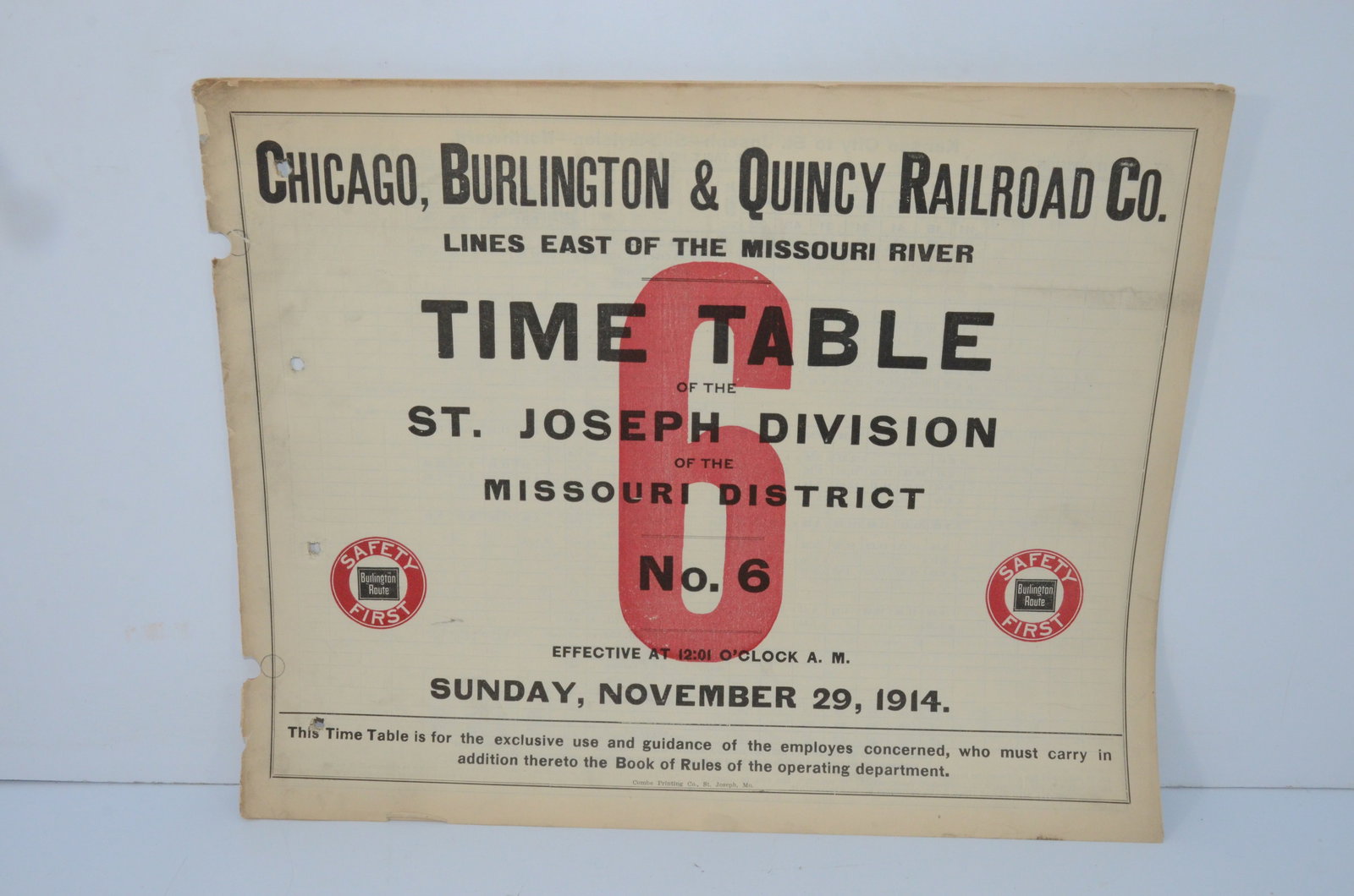 Chicago Burlington and Quincy RR Employee Timetable #6, 11/29/1914 (1 of 3)