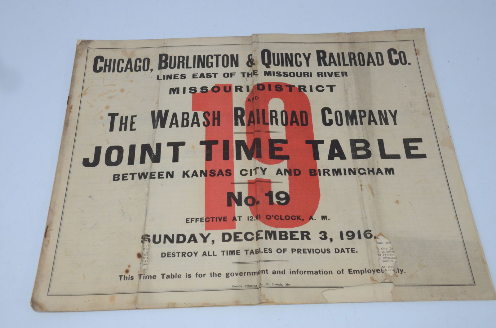 Chicago Burlington and Quincy RR Employee Timetable #19, 12/3/1916 (1 of 3)