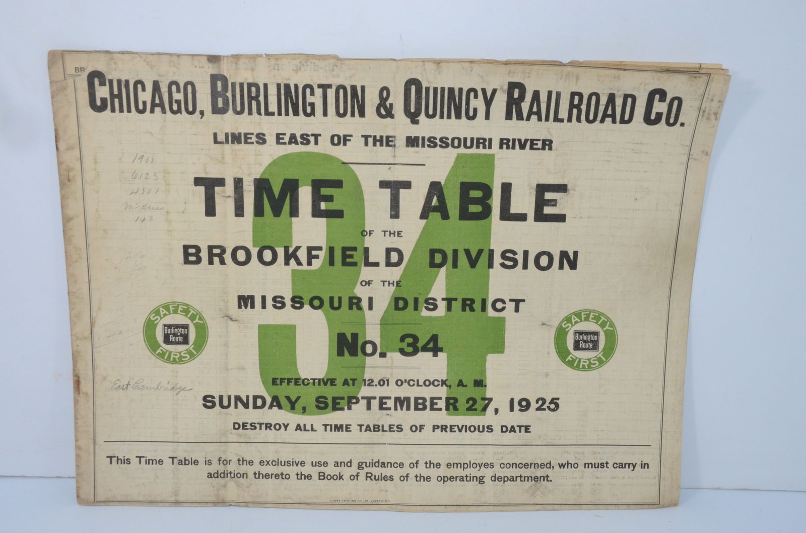 Chicago Burlington and Quincy RR Employee Timetable #34, 9/27/1925 (1 of 3)