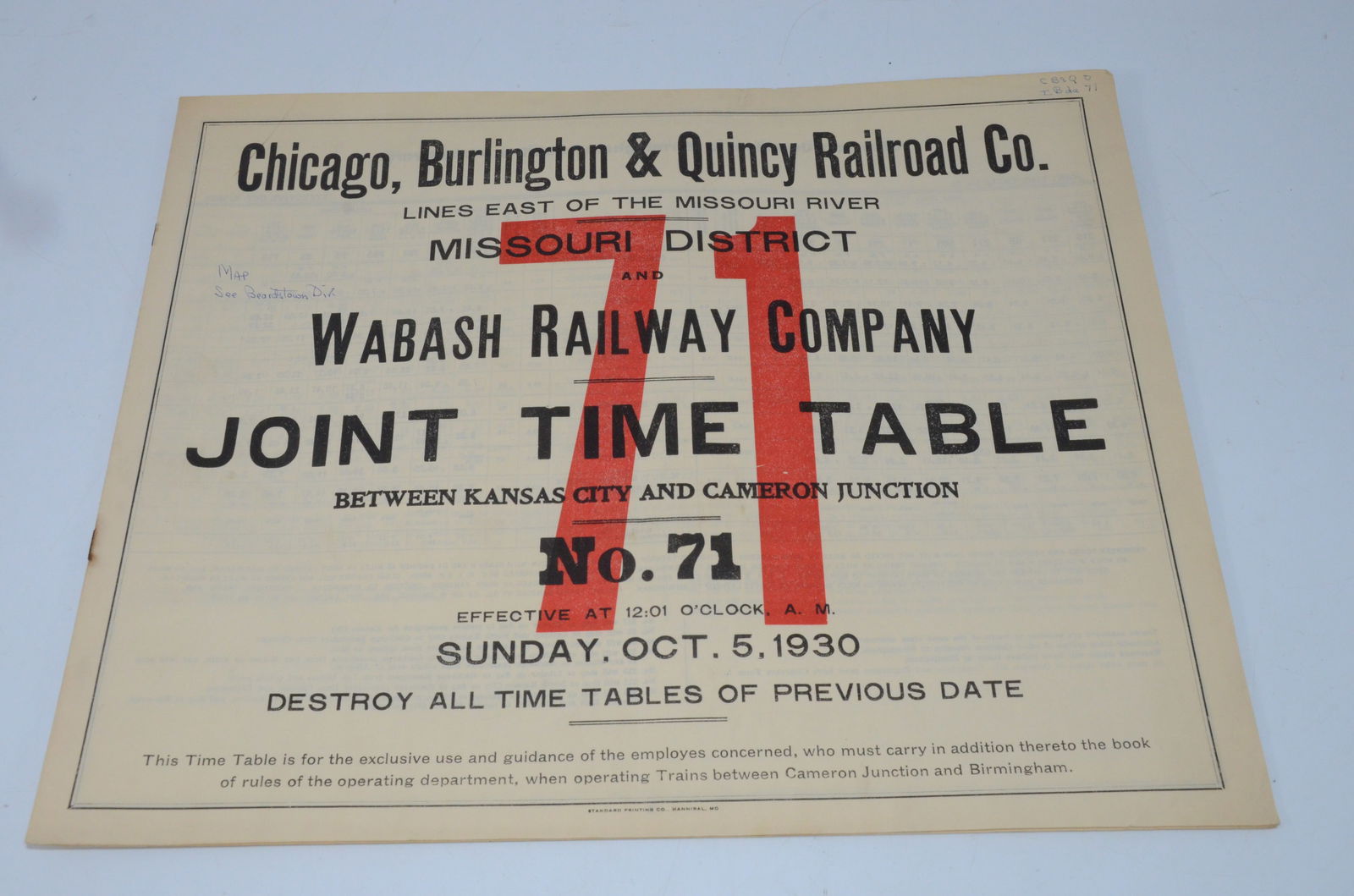 Chicago Burlington and Quincy RR Employee Timetable #71, 10/5/1930 (1 of 3)