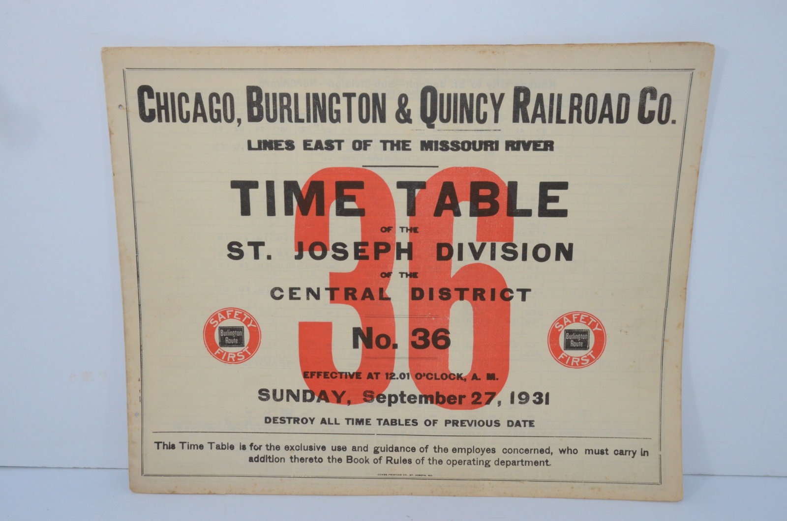 Chicago Burlington and Quincy RR Employee Timetable #36 9/27/1931: This is a Chicago Burlington and Quincy Railroad employee timetable #36 for the St Joseph Division of the Central District, dated September 27, 1931. This is a horse blanket style timetable. It has 14