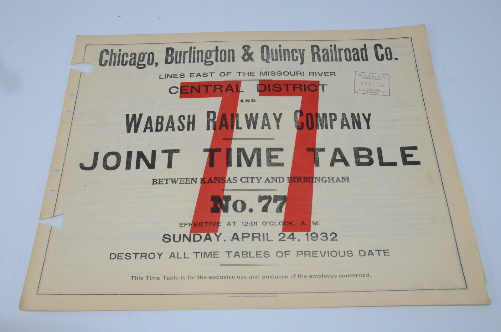 Chicago Burlington and Quincy RR Employee Timetable #77, 4/24/1932: This is a Chicago Burlington and Quincy Railroad employee timetable #77, for the Central District, dated April 24, 1932, and is a joint timetable with the Wabash Railway. This is a horse blanket style