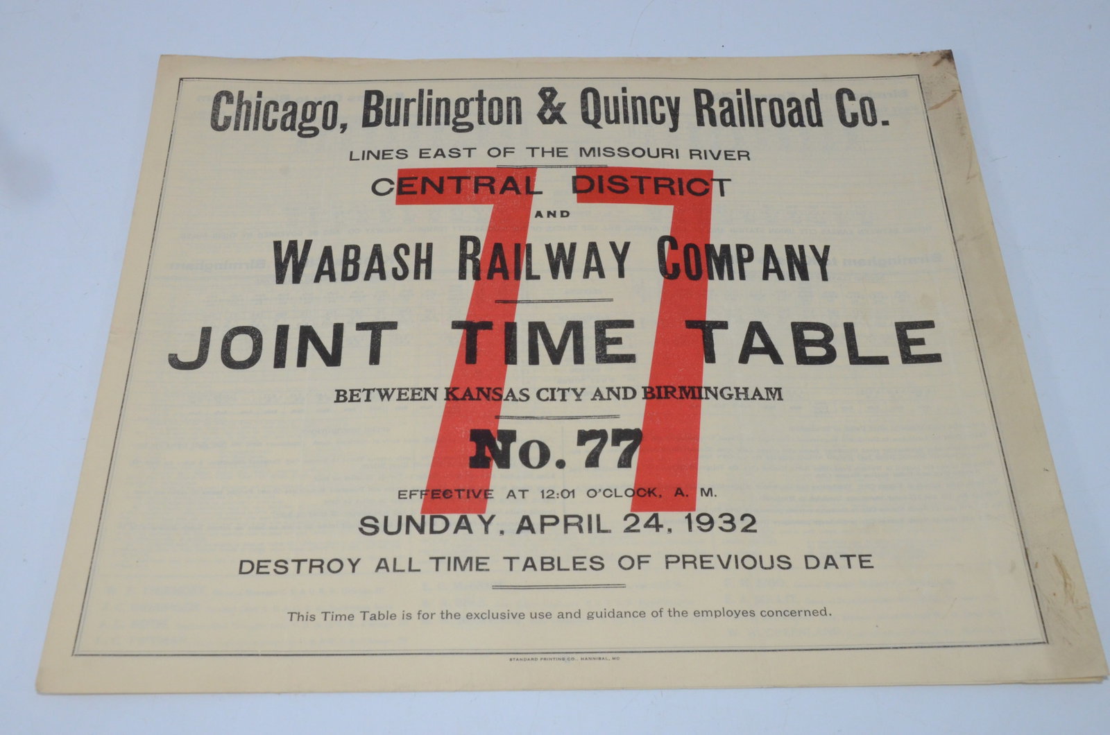 Chicago Burlington and Quincy RR Employee Timetable #77, 4/24/1932: This is a Chicago Burlington and Quincy Railroad employee timetable #77, for the Central District, dated April 25, 1937, and is a joint timetable with the Wabash Railway. This is a horse blanket style