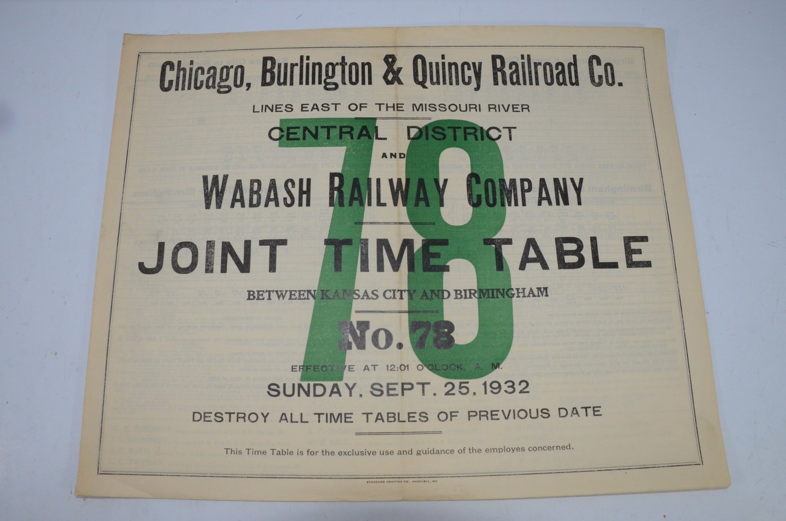 Chicago Burlington and Quincy RR Employee Timetable #78 9/25/1932 (1 of 3)
