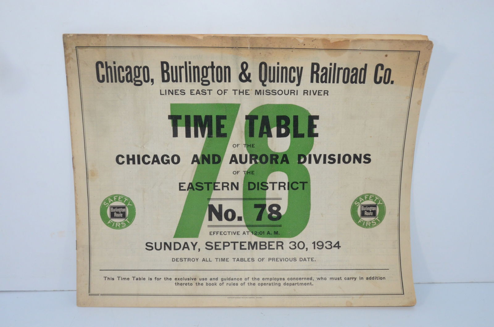 Chicago Burlington and Quincy RR Employee Timetable #78 9/30/1934 (1 of 3)